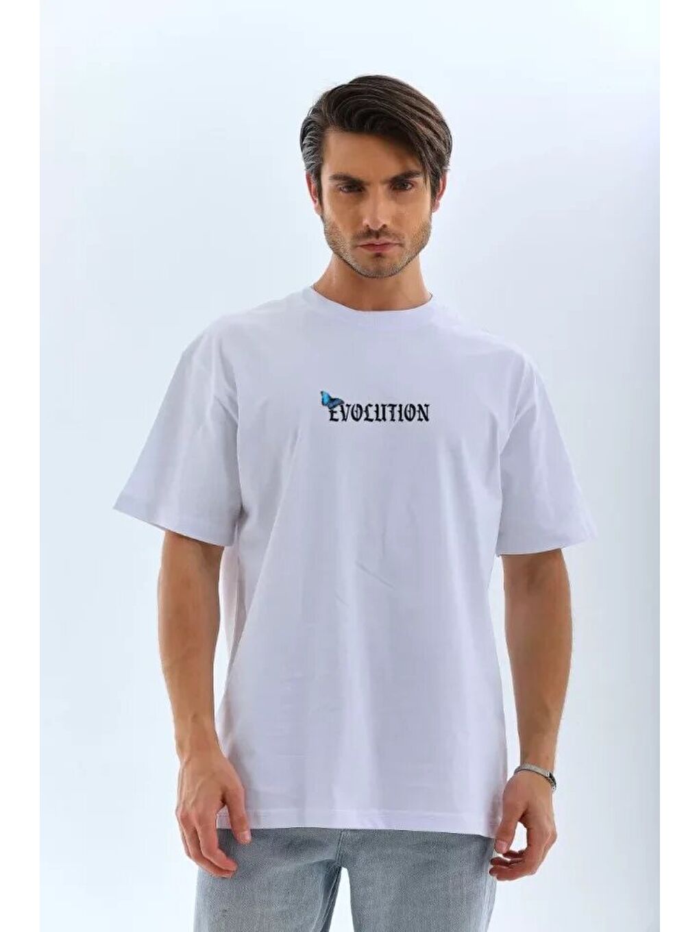 Unisex Bisiklet Yaka Baskılı Oversize T-Shirt - Beyaz