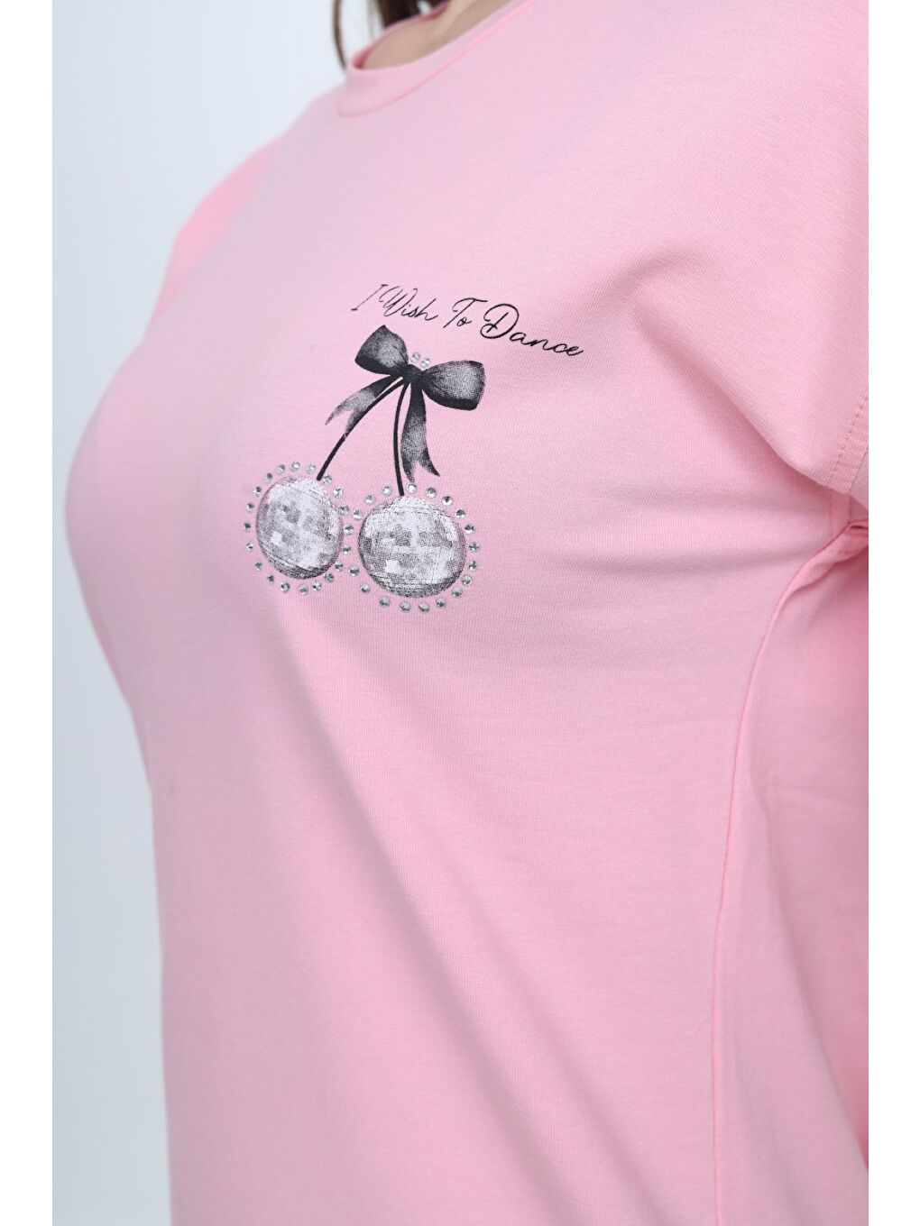 Pembe Kız Çocuk Bisiklet Yaka Düşük Omuz Kısa Kollu Baskılı Tişört  24973-4