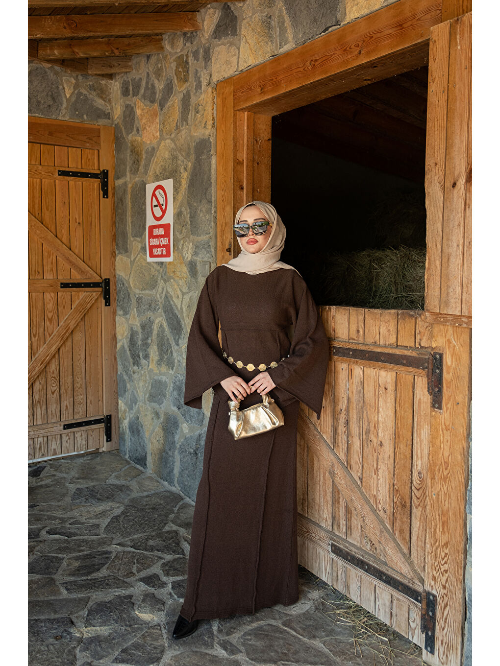 Kadın Kendinden Desenli Kraş Elbise Kahverengi-1