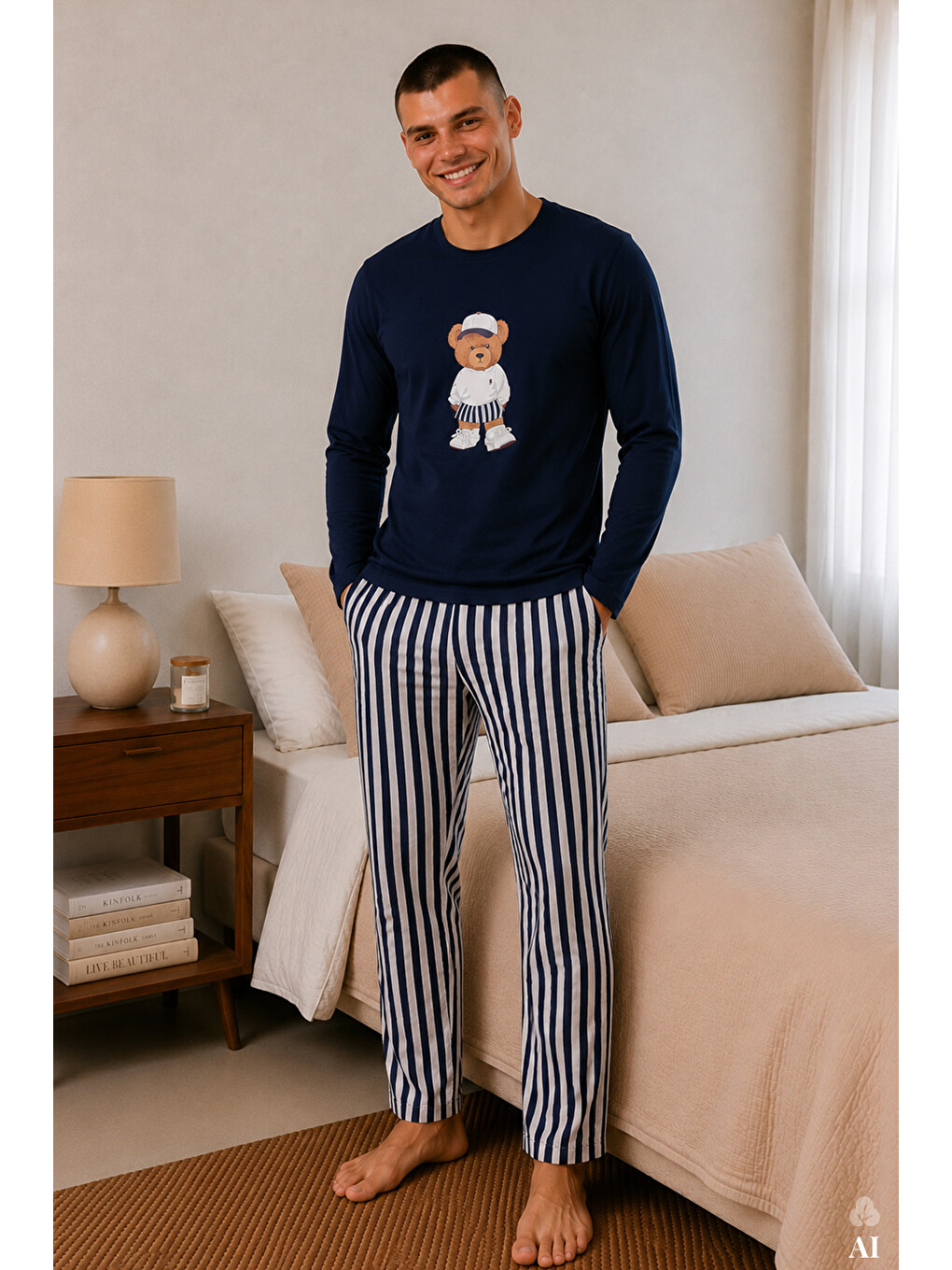 Mavi Erkek Pamuklu Uzun Kollu Ayıcık Baskılı Alt Çizgili Pijama Takımı