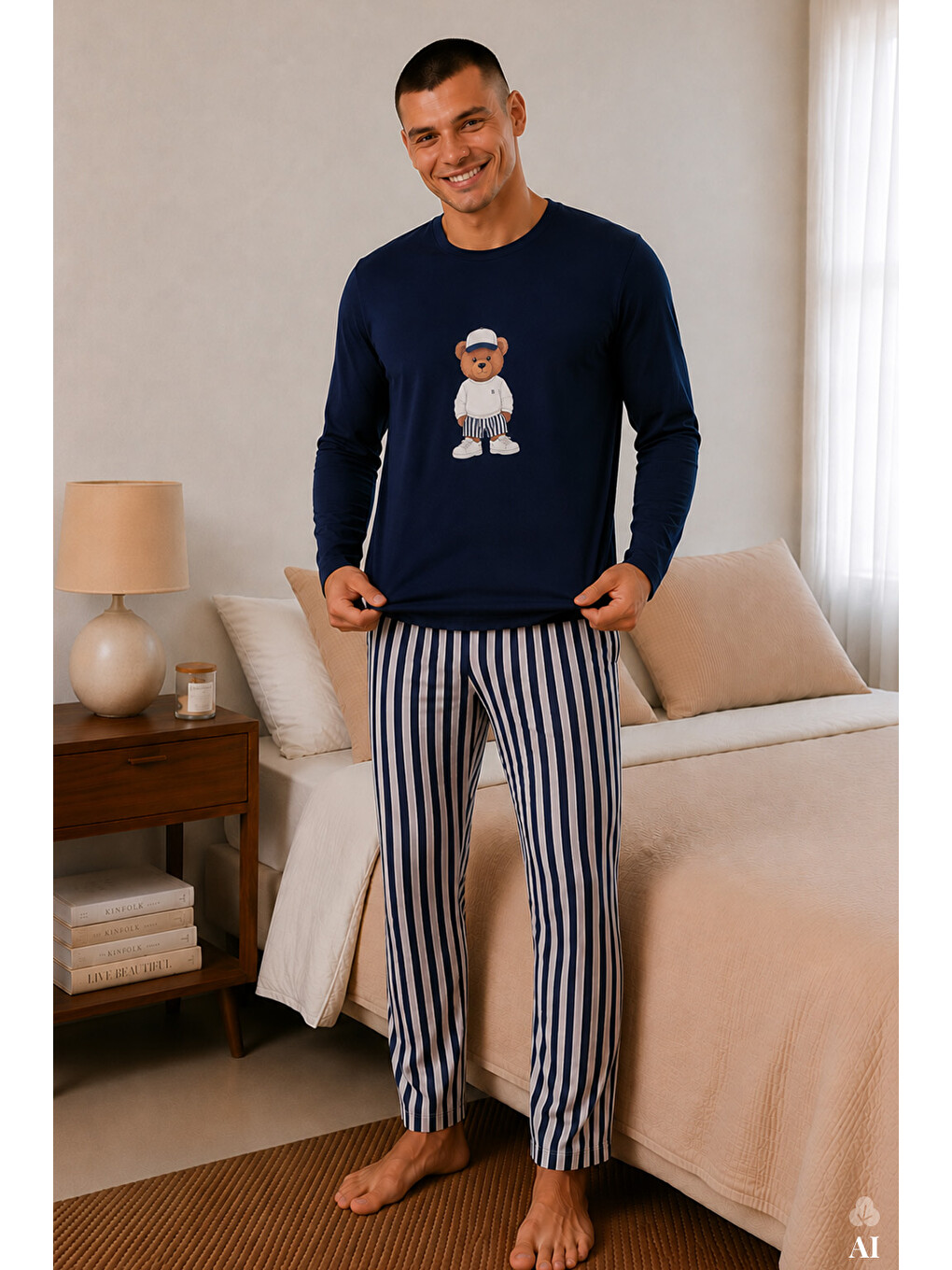 Mavi Erkek Pamuklu Uzun Kollu Ayıcık Baskılı Alt Çizgili Pijama Takımı-1