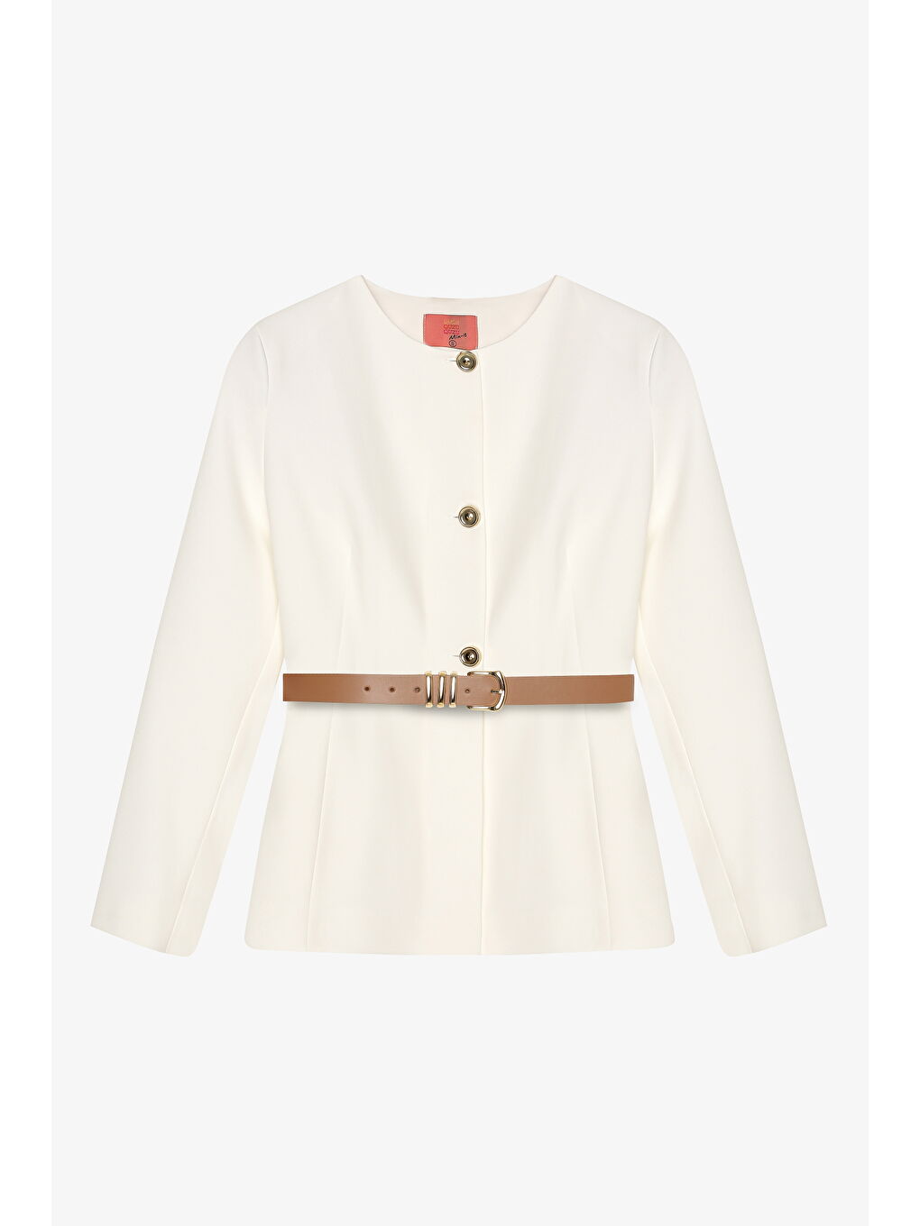 Kemer Aksesuarlı Yuvarlak Yaka Ceket Ekru