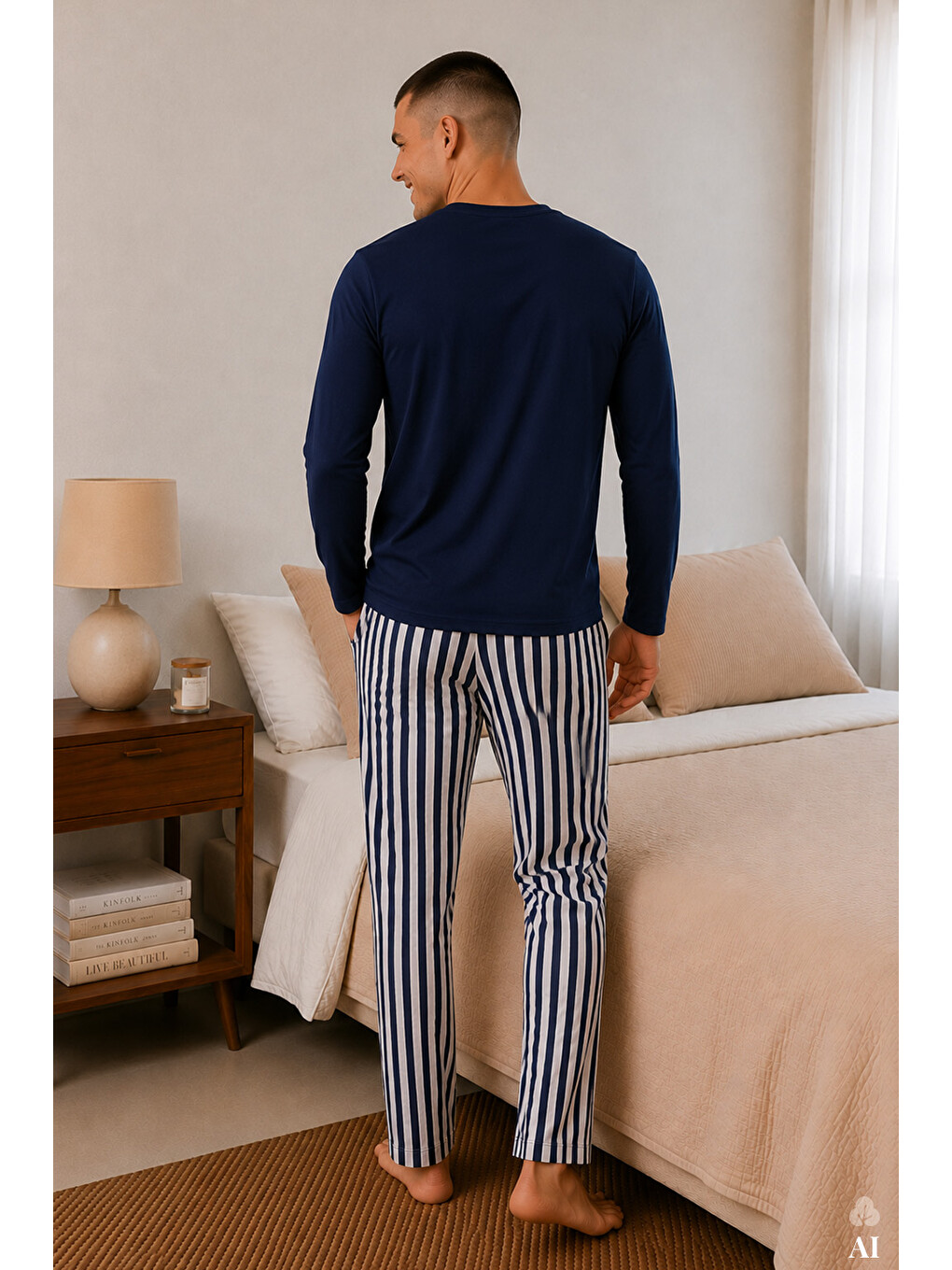 Mavi Erkek Pamuklu Uzun Kollu Ayıcık Baskılı Alt Çizgili Pijama Takımı-2