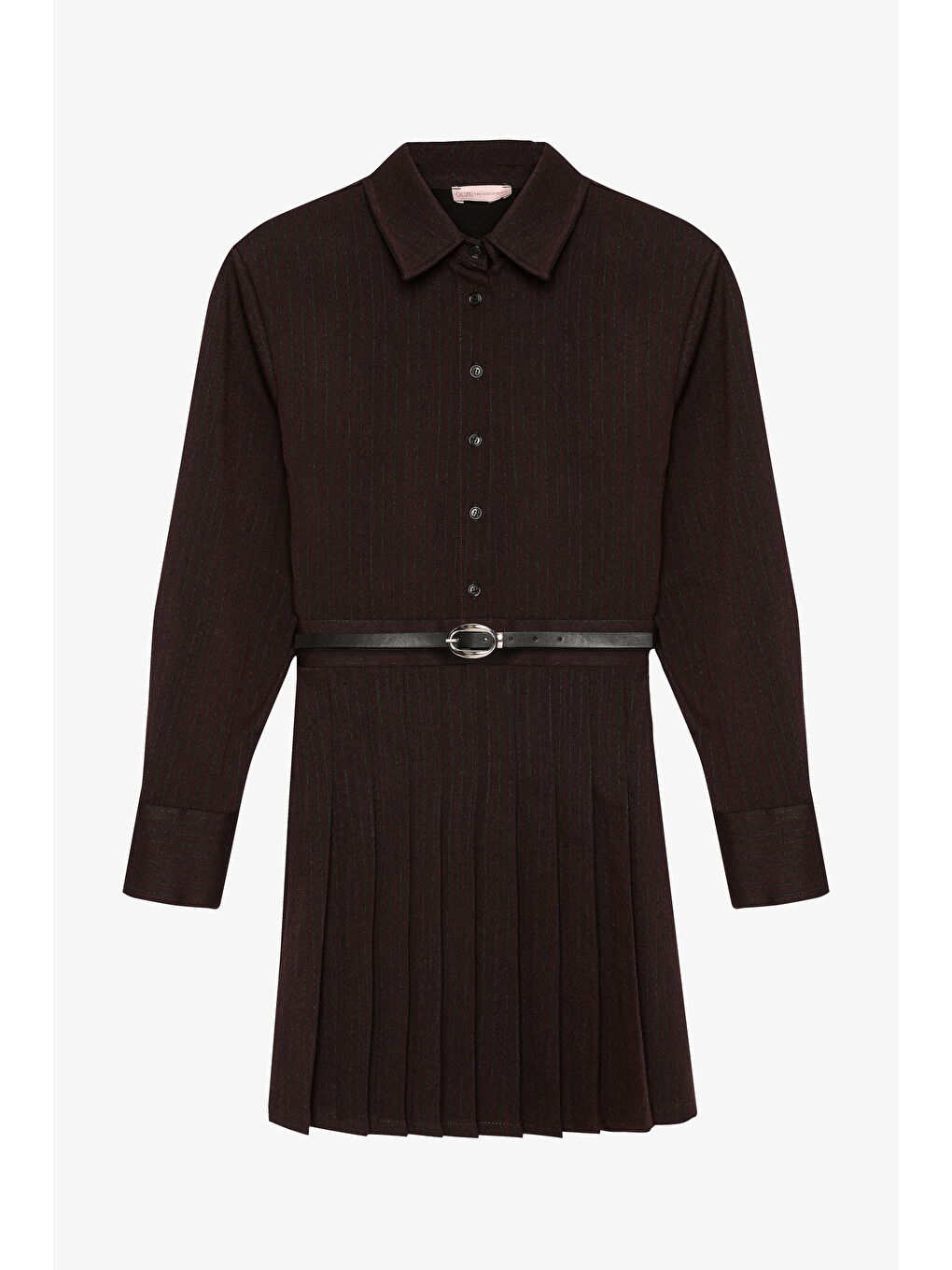 Pileli Kemerli Mini Gömlek Elbise Kahverengi