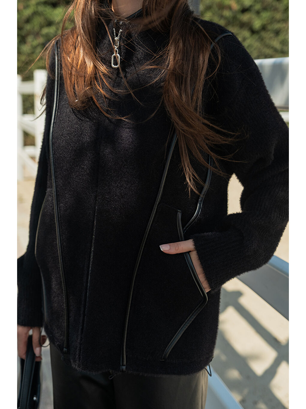 Kadın Deri Detay Triko Ceket Siyah-4