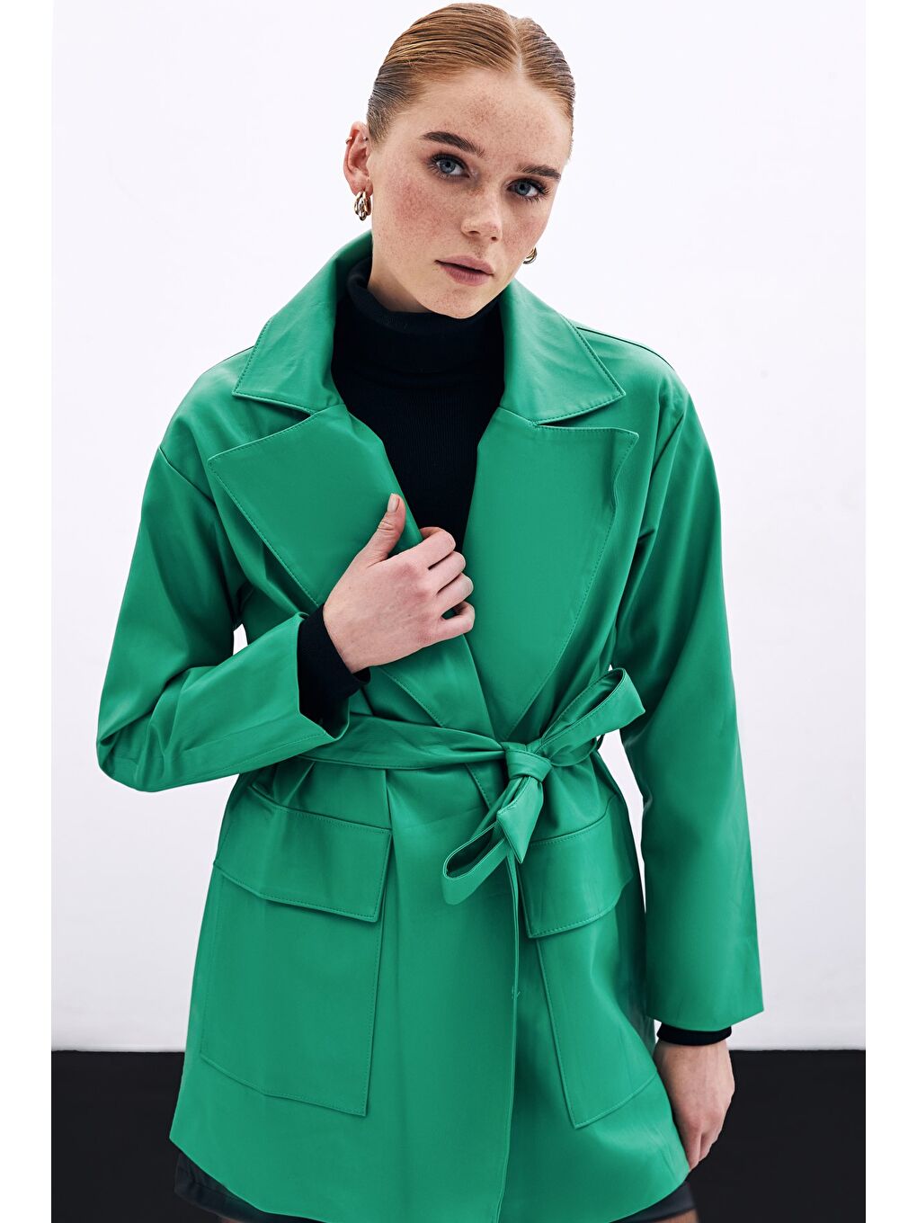 SATEEN Kuşaklı Deri Ceket - Yeşil - 1