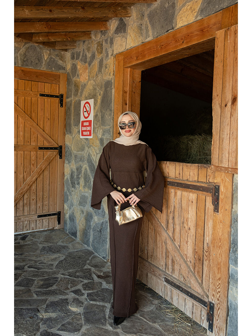 Kadın Kendinden Desenli Kraş Elbise Kahverengi-2