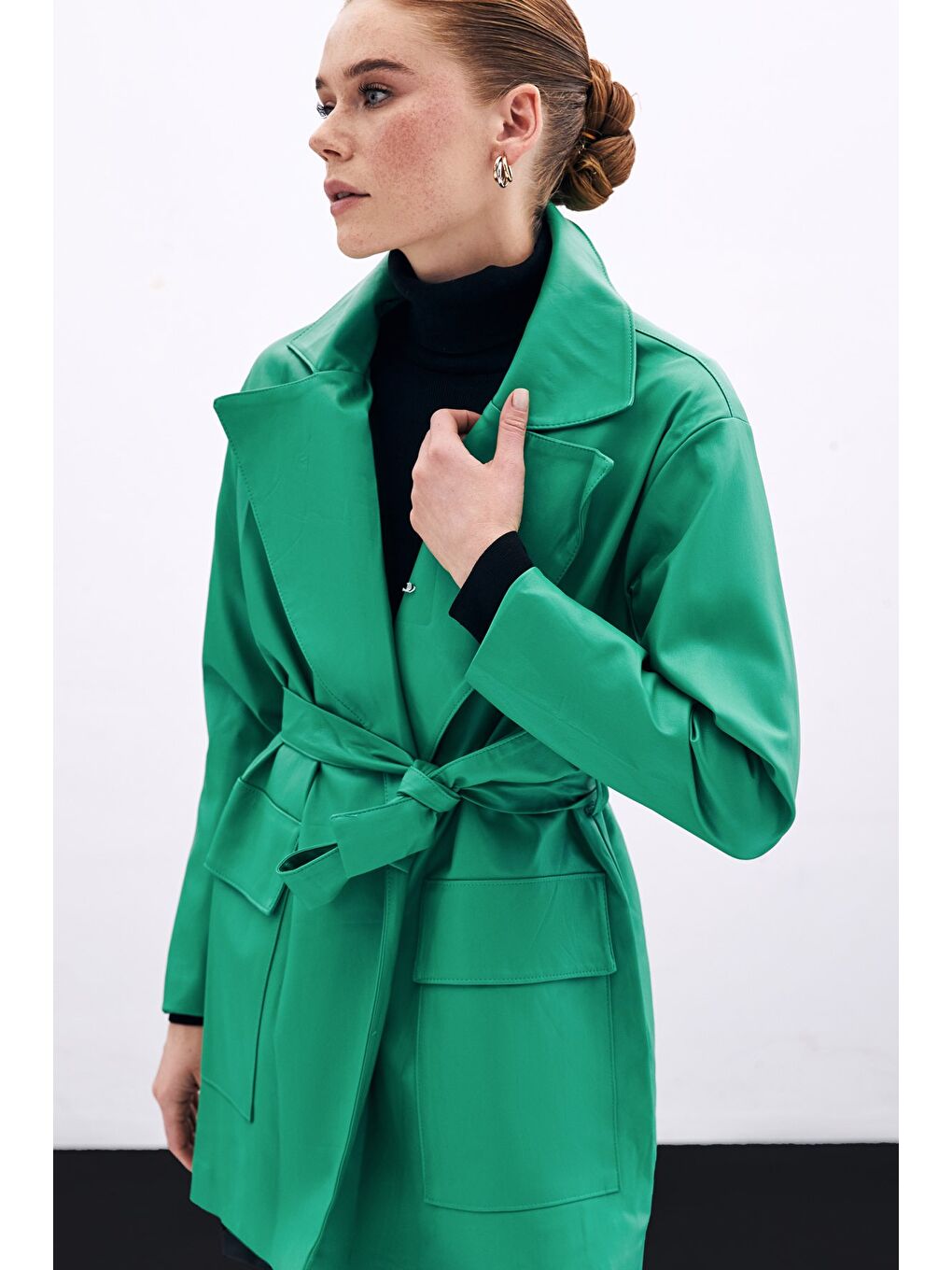SATEEN Kuşaklı Deri Ceket - Yeşil - 2