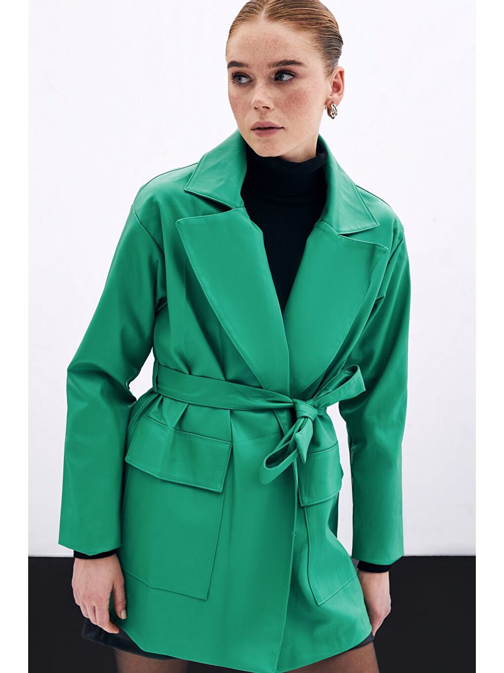 SATEEN Kuşaklı Deri Ceket - Yeşil - 3