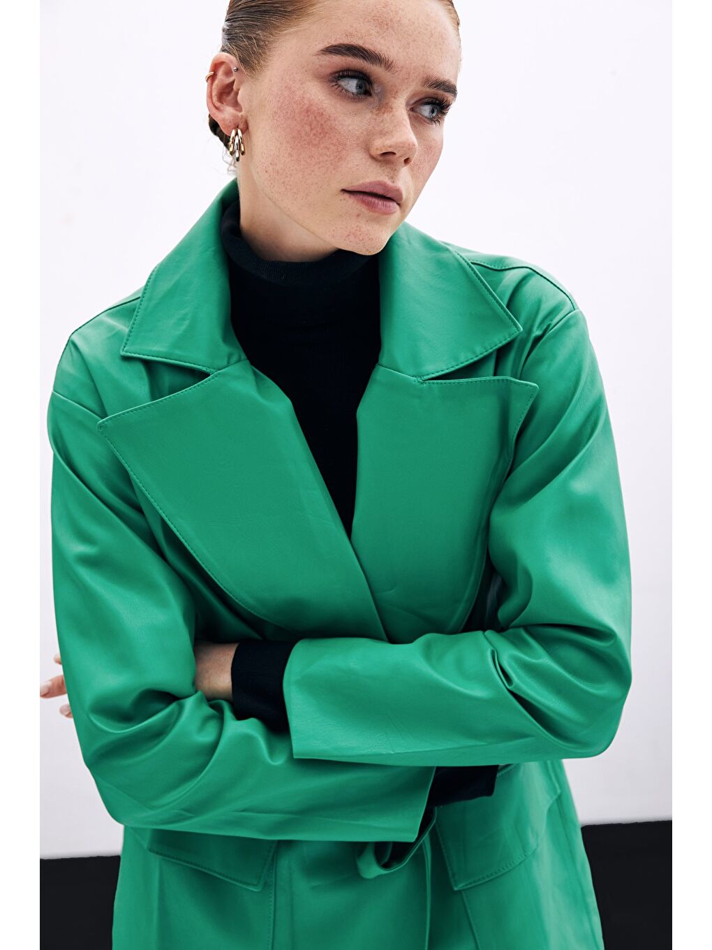 SATEEN Kuşaklı Deri Ceket - Yeşil - 4