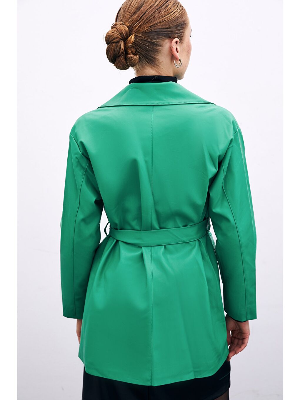 SATEEN Kuşaklı Deri Ceket - Yeşil - 5
