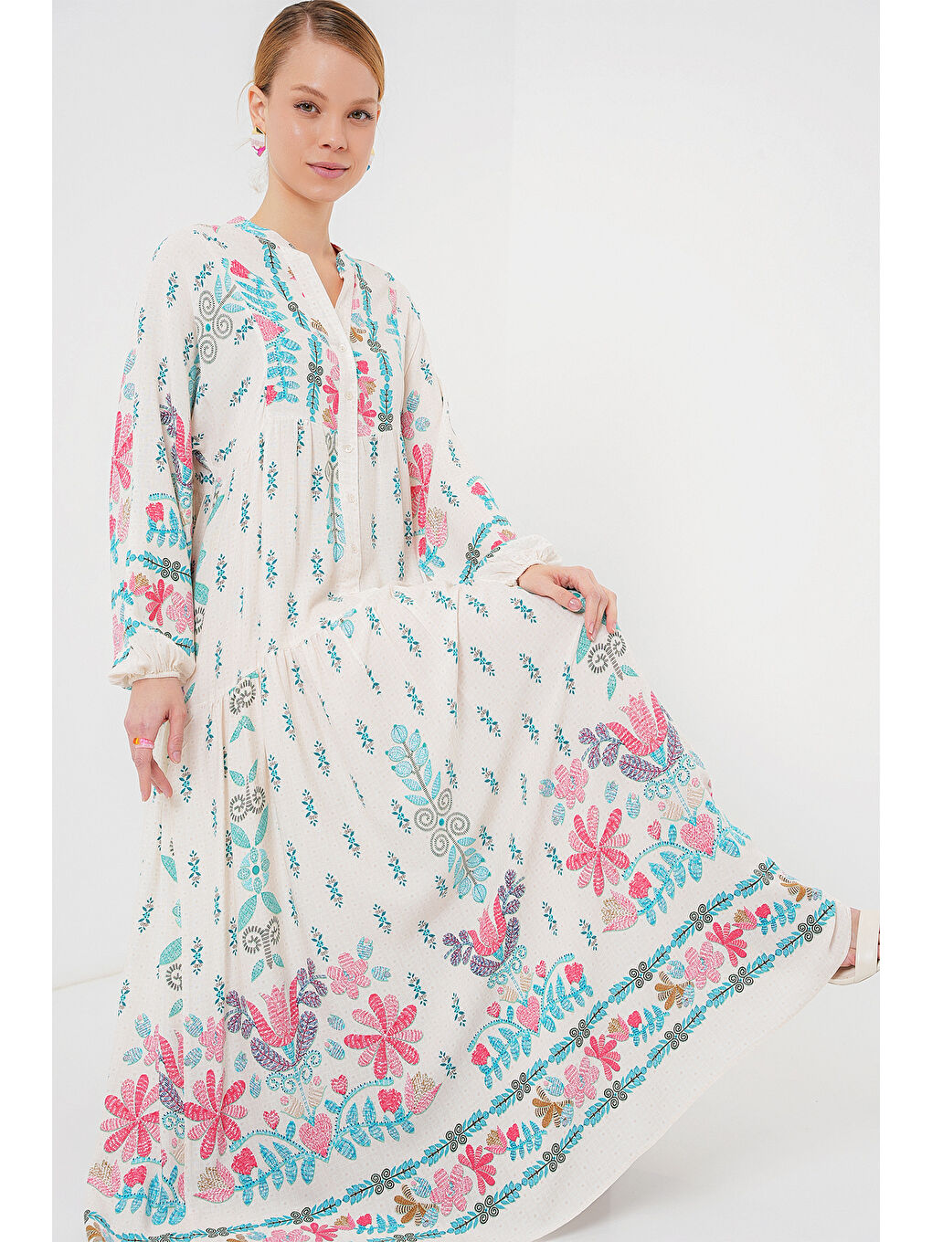 İndigo 2423 Otantik Desenli Tesettür Elbise - M. Mavi