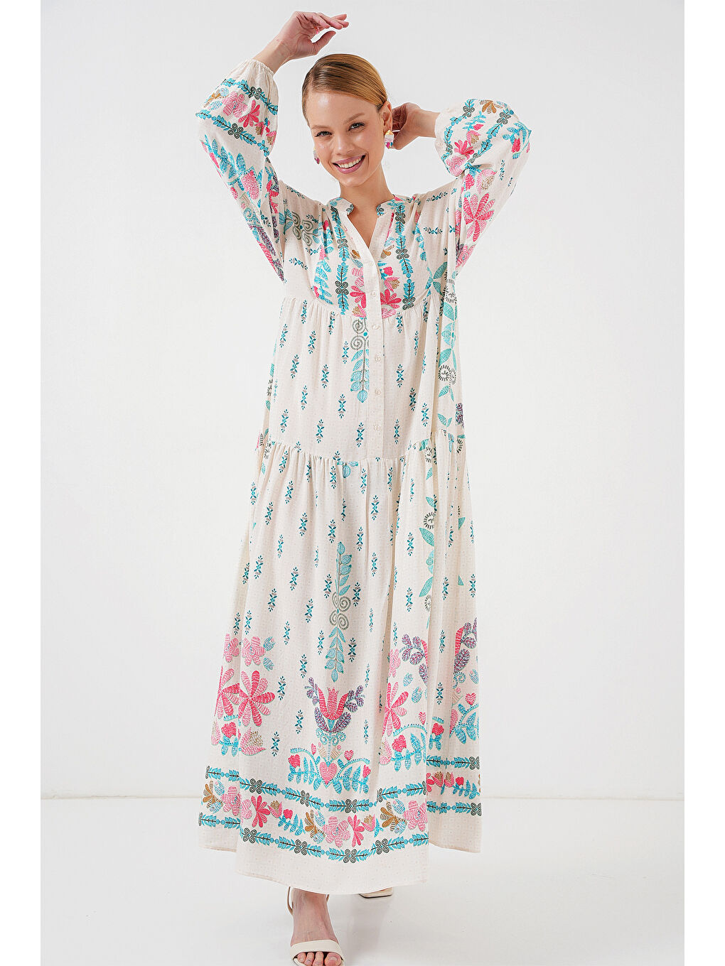 İndigo 2423 Otantik Desenli Tesettür Elbise - M. Mavi-1