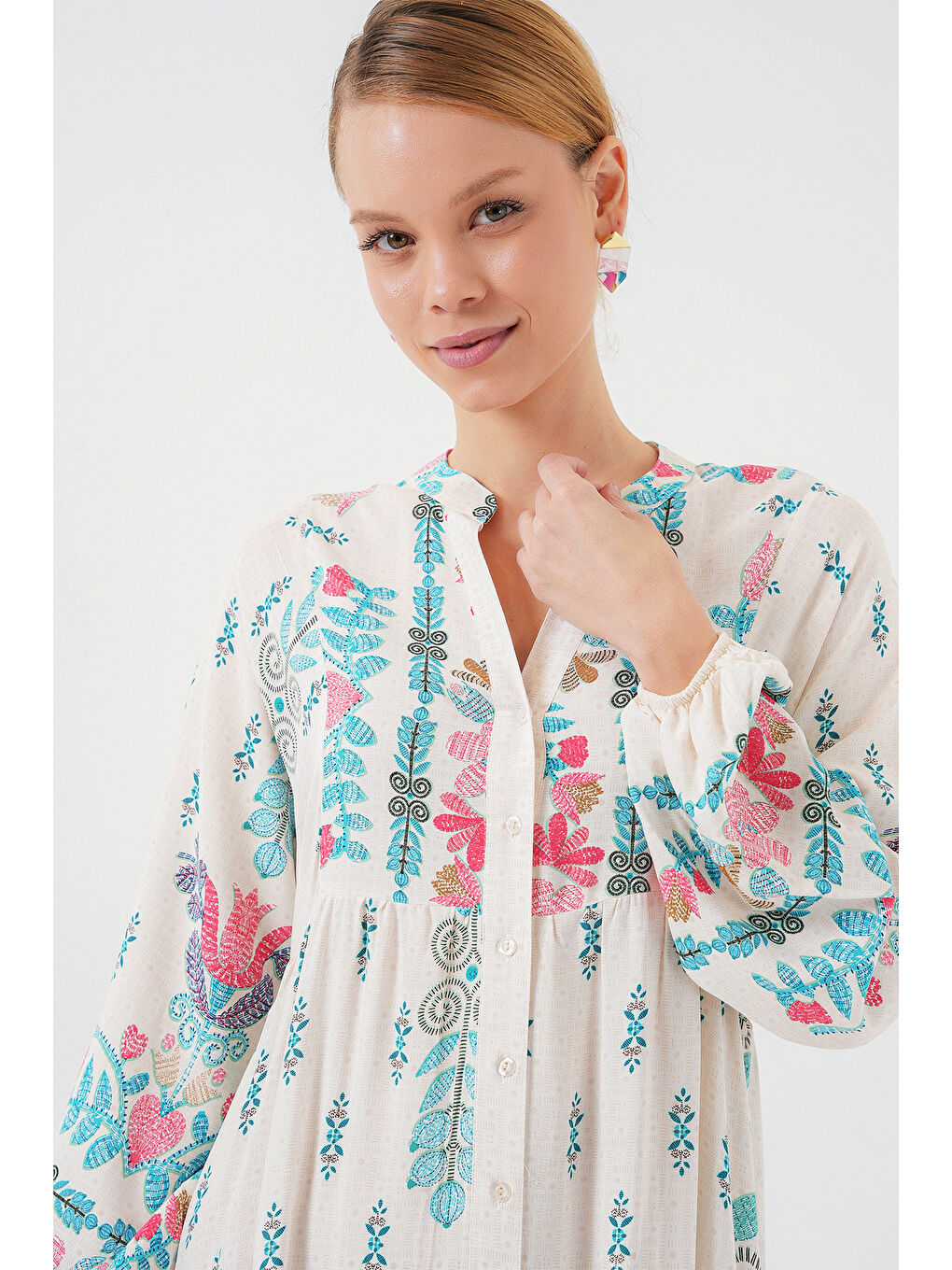 İndigo 2423 Otantik Desenli Tesettür Elbise - M. Mavi-2