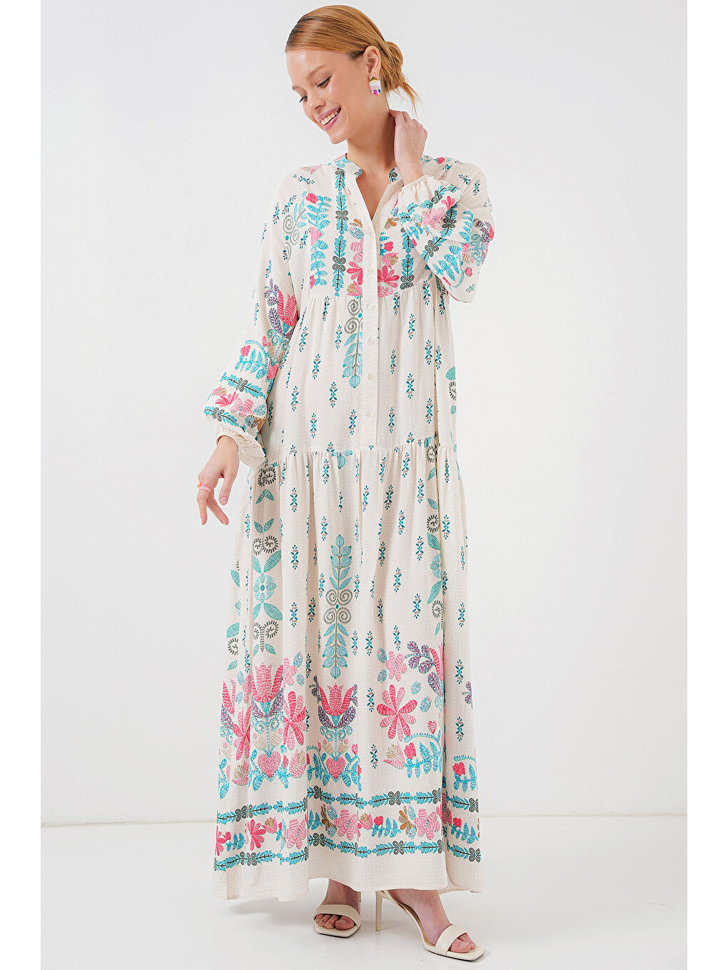 İndigo 2423 Otantik Desenli Tesettür Elbise - M. Mavi-3