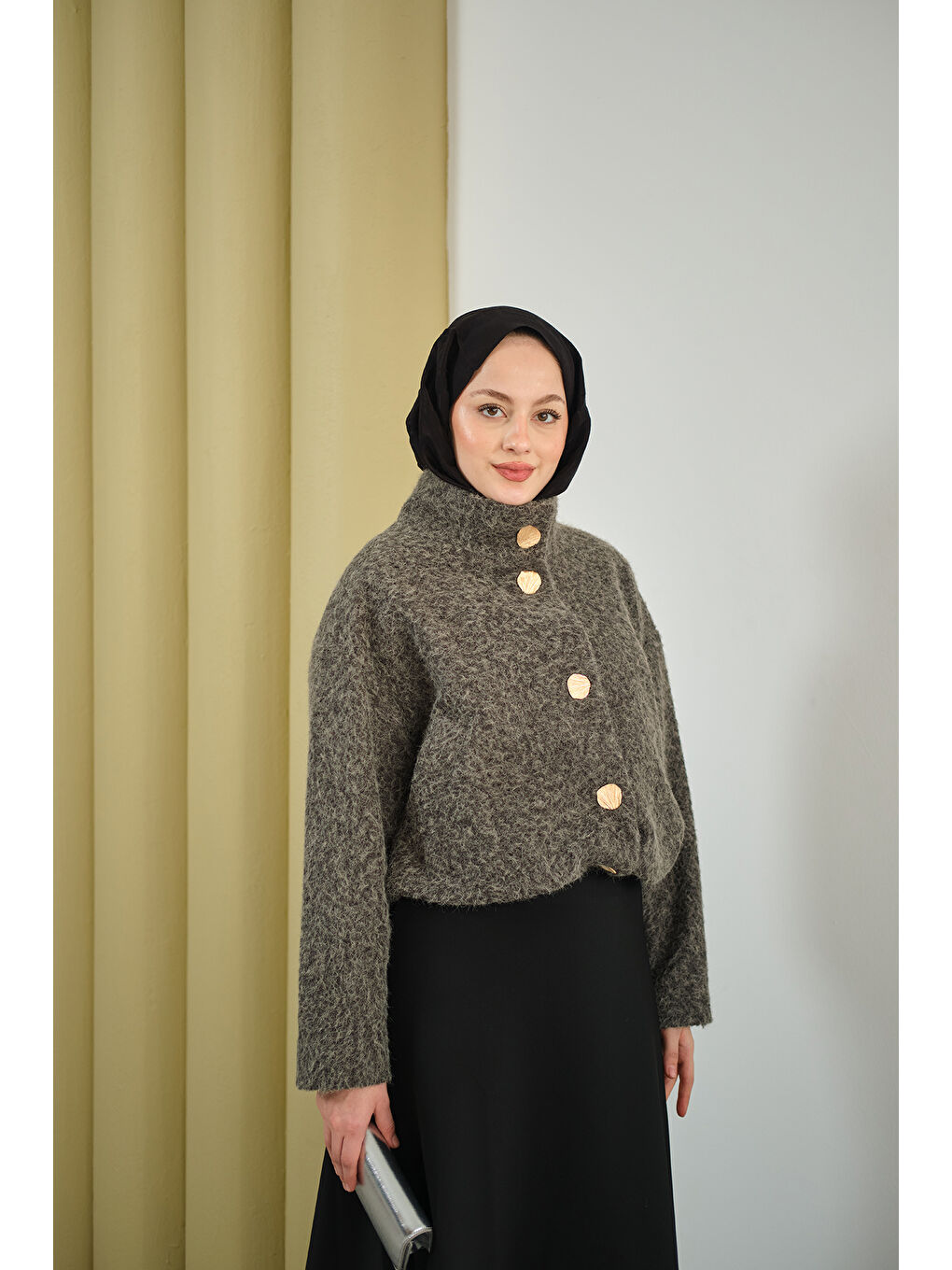 Kadın Düğmeli Kısa Keçe Kaban Gri-2