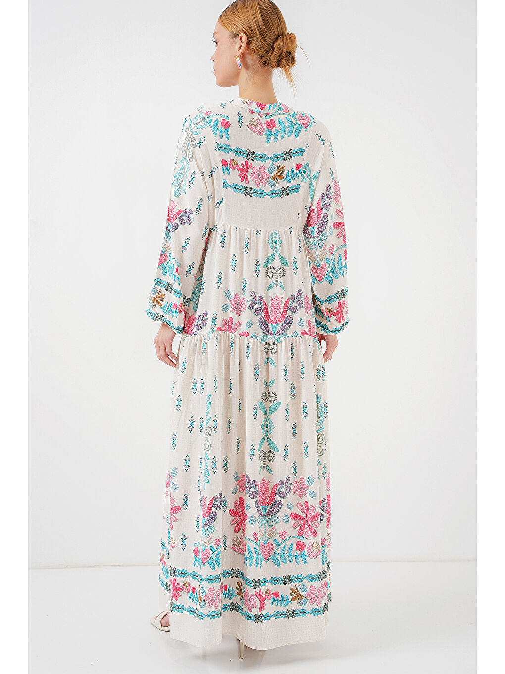 İndigo 2423 Otantik Desenli Tesettür Elbise - M. Mavi-5