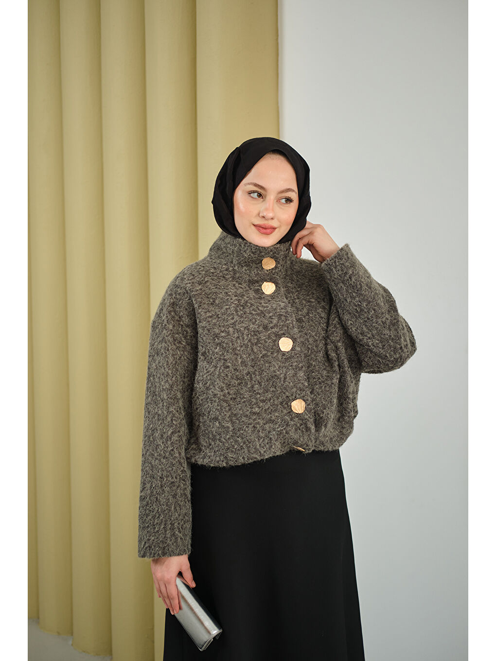 Kadın Düğmeli Kısa Keçe Kaban Gri-3