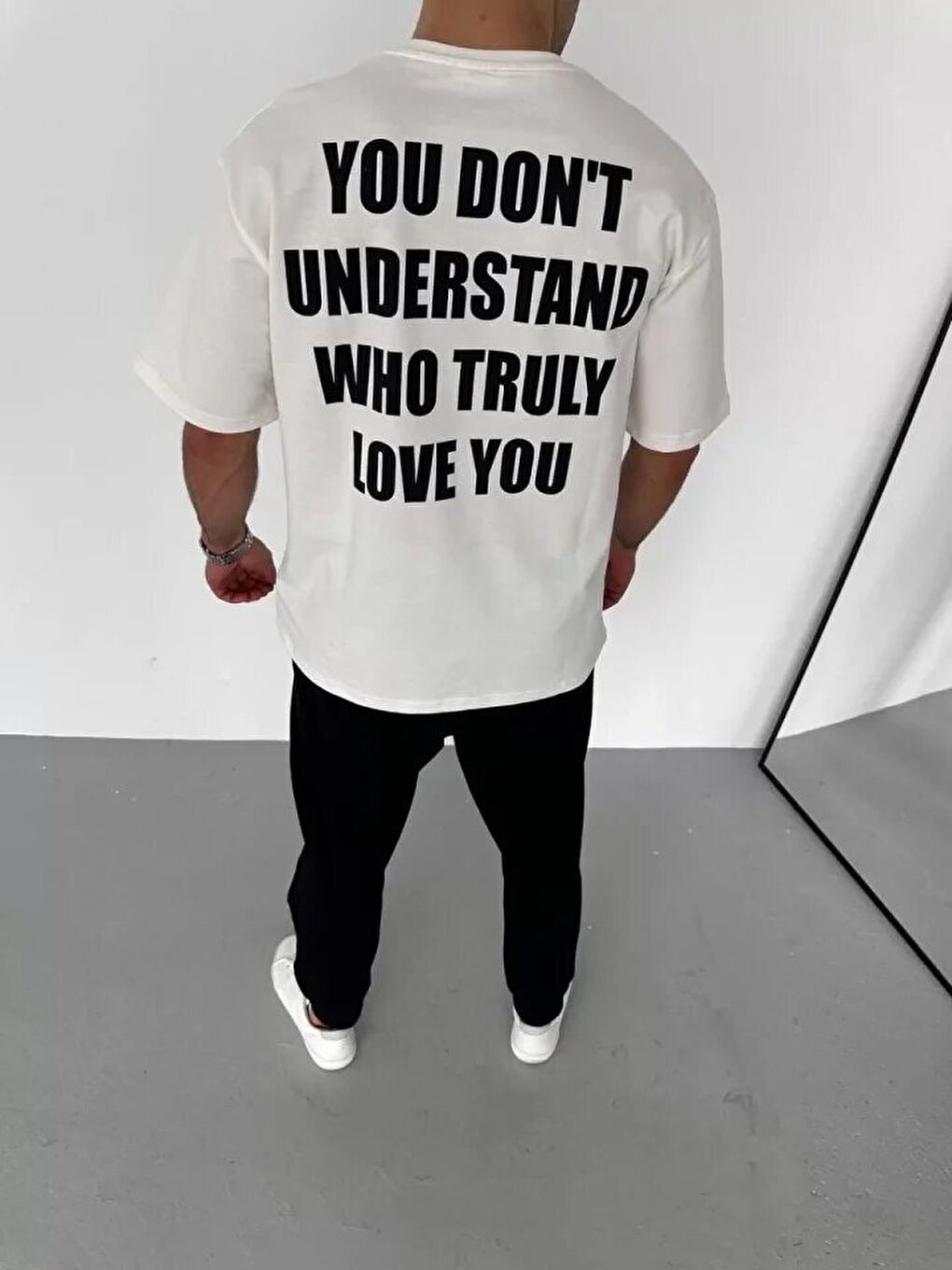 Unisex Bisiklet Yaka Baskılı Oversize T-Shirt - Beyaz-2