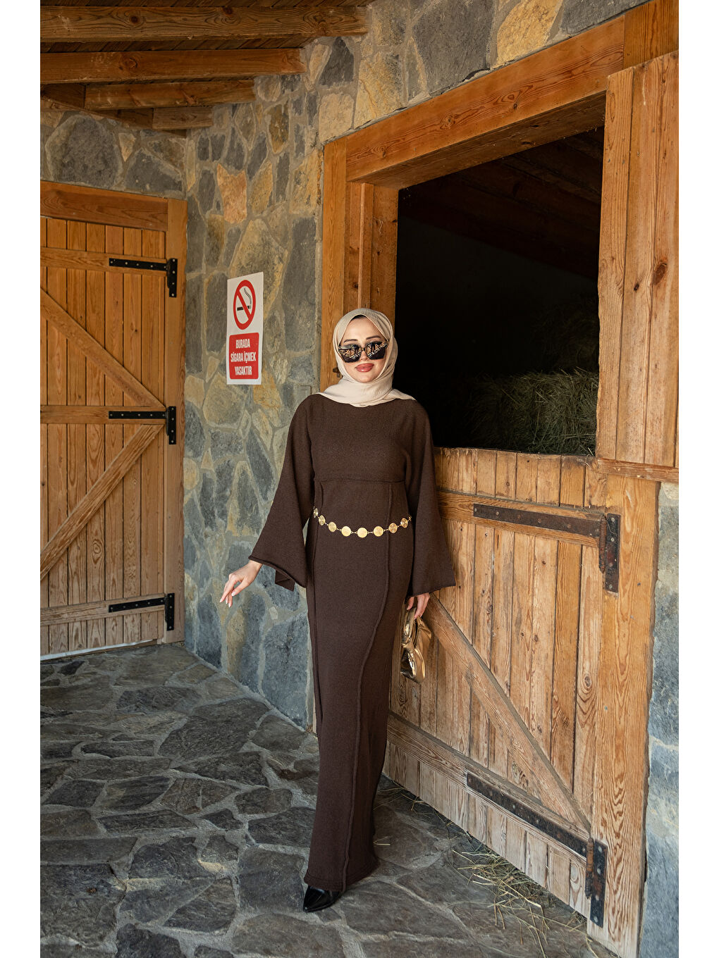 Kadın Kendinden Desenli Kraş Elbise Kahverengi-3