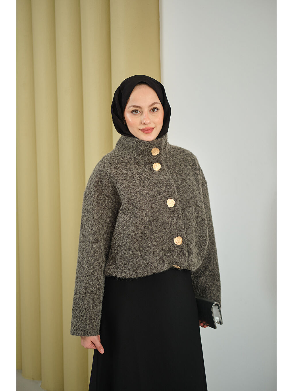 Kadın Düğmeli Kısa Keçe Kaban Gri-4