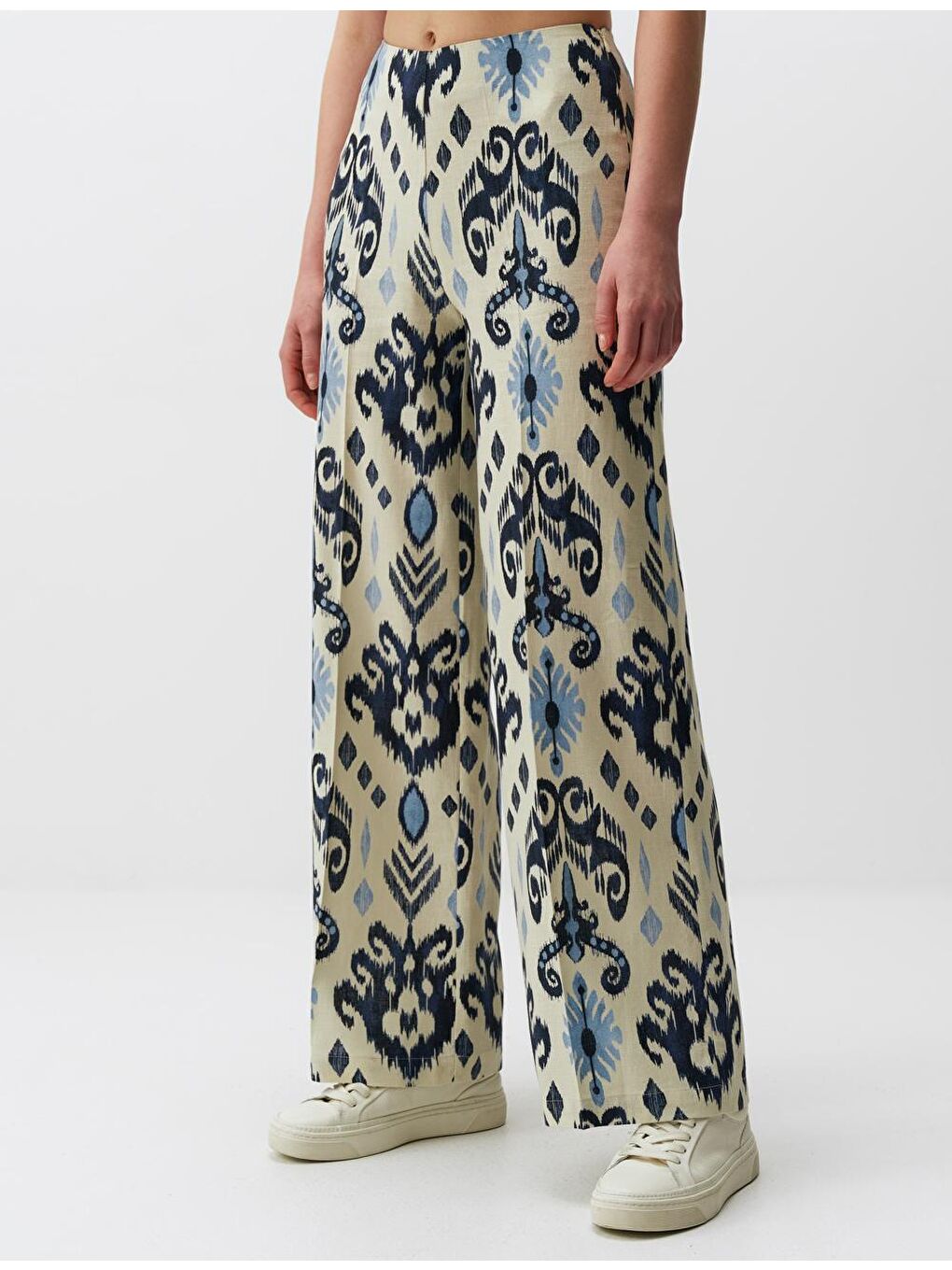 Mavi Yüksek Bel Etnik Desenli Keten Pantolon-3