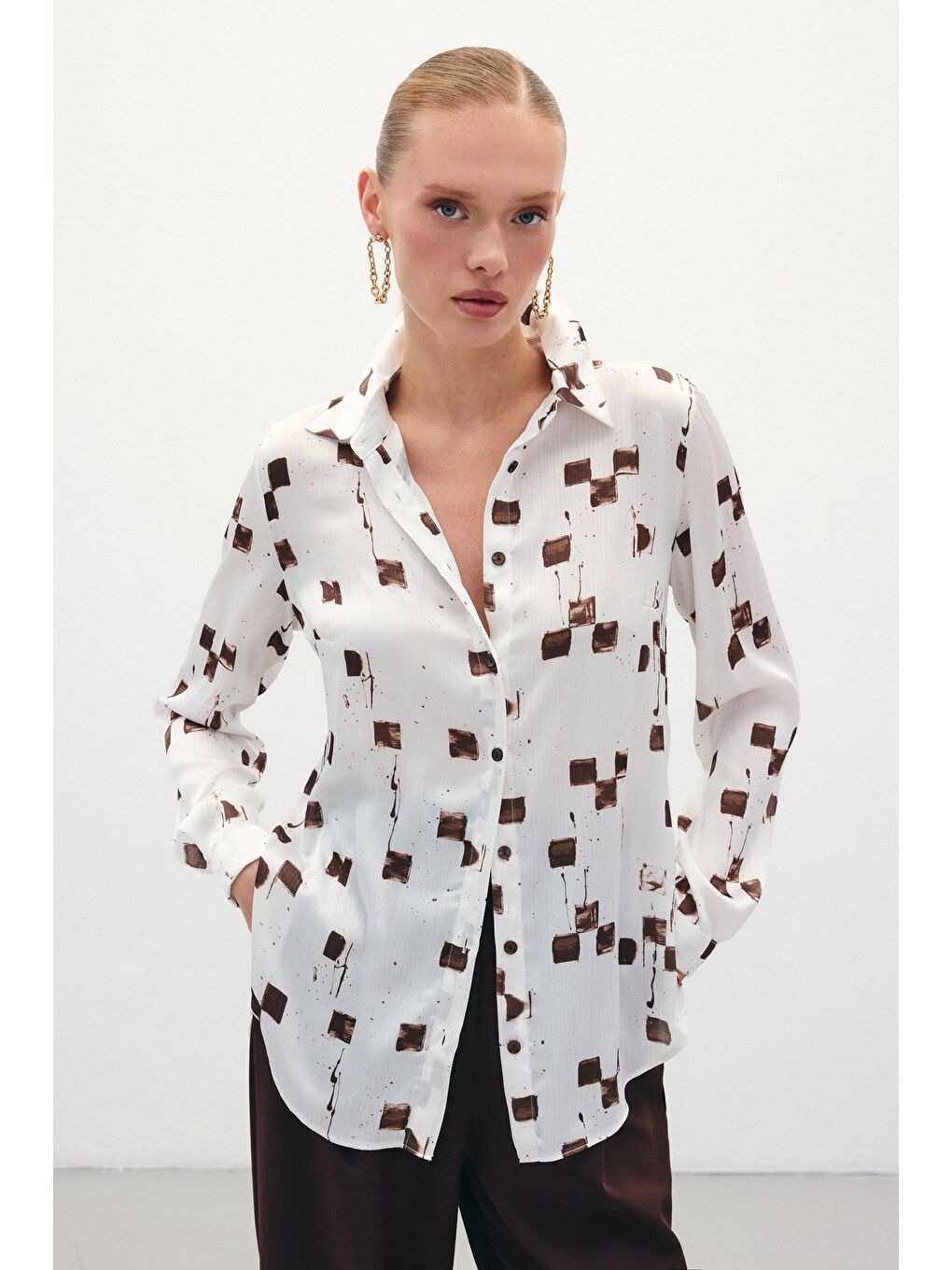 Kahverengi Desenli Klasik Gömlek - Kahve