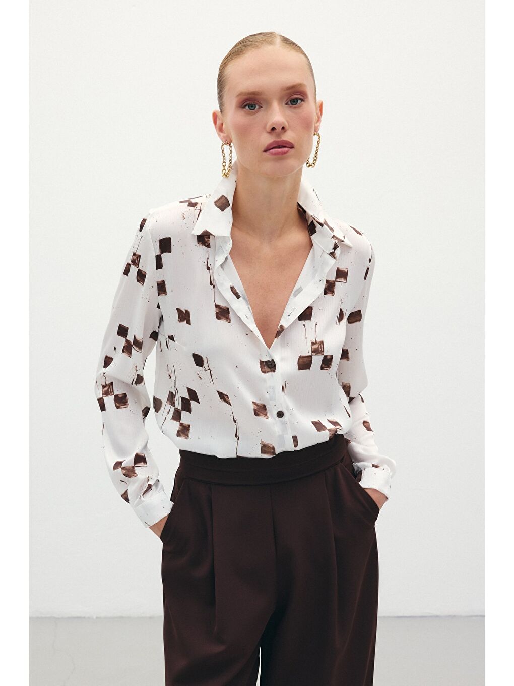 Kahverengi Desenli Klasik Gömlek - Kahve-1