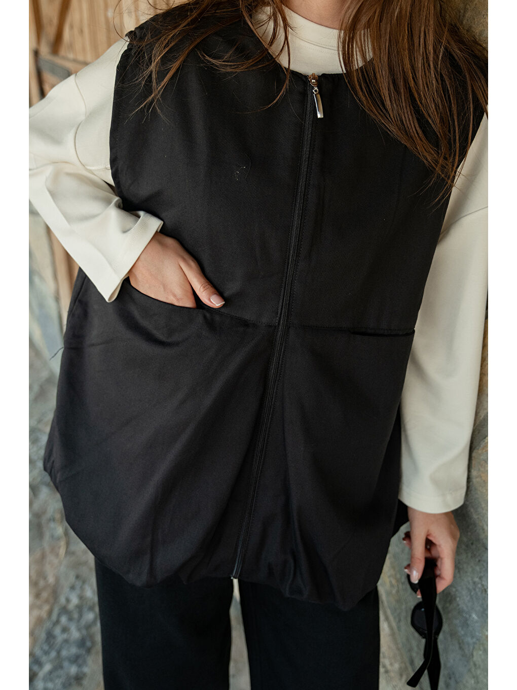 Kadın Bisiklet Yaka Yelek Siyah-4