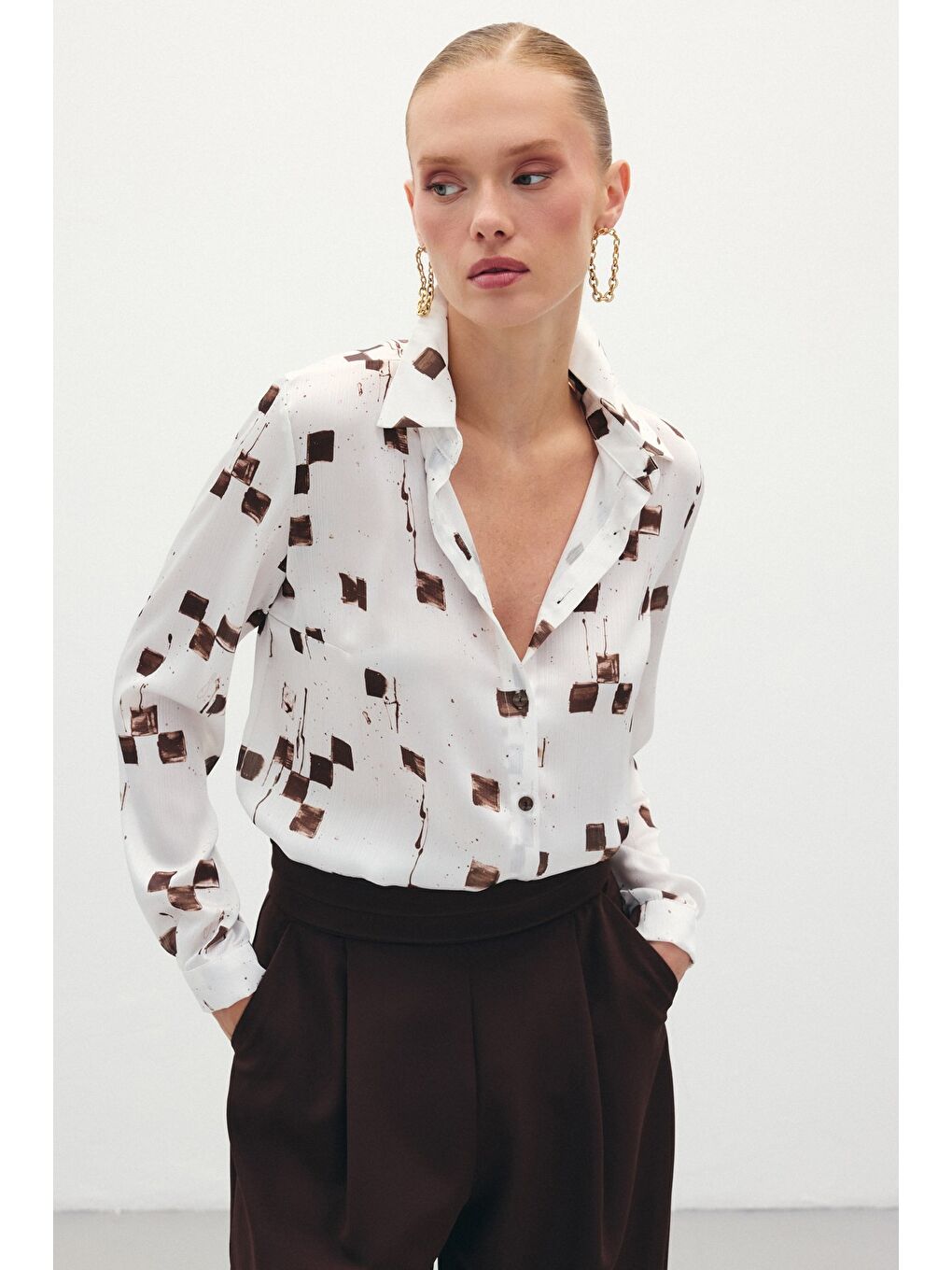 Kahverengi Desenli Klasik Gömlek - Kahve-2