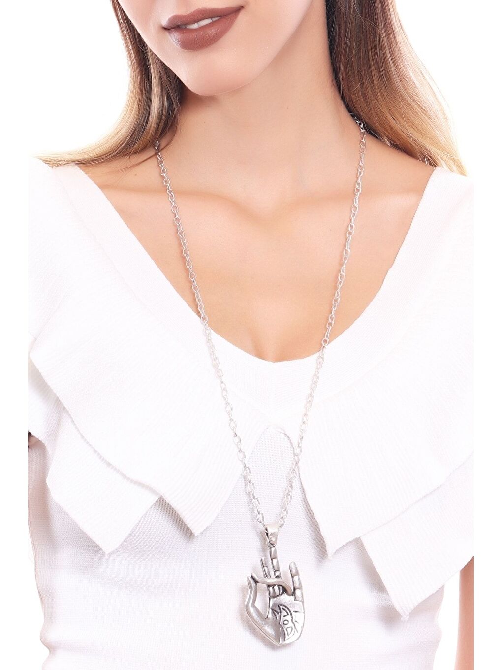 Gri Kadın Antik Gümüş Kaplama Yoga Eli Simge Uçlu Zincir Kolye-2