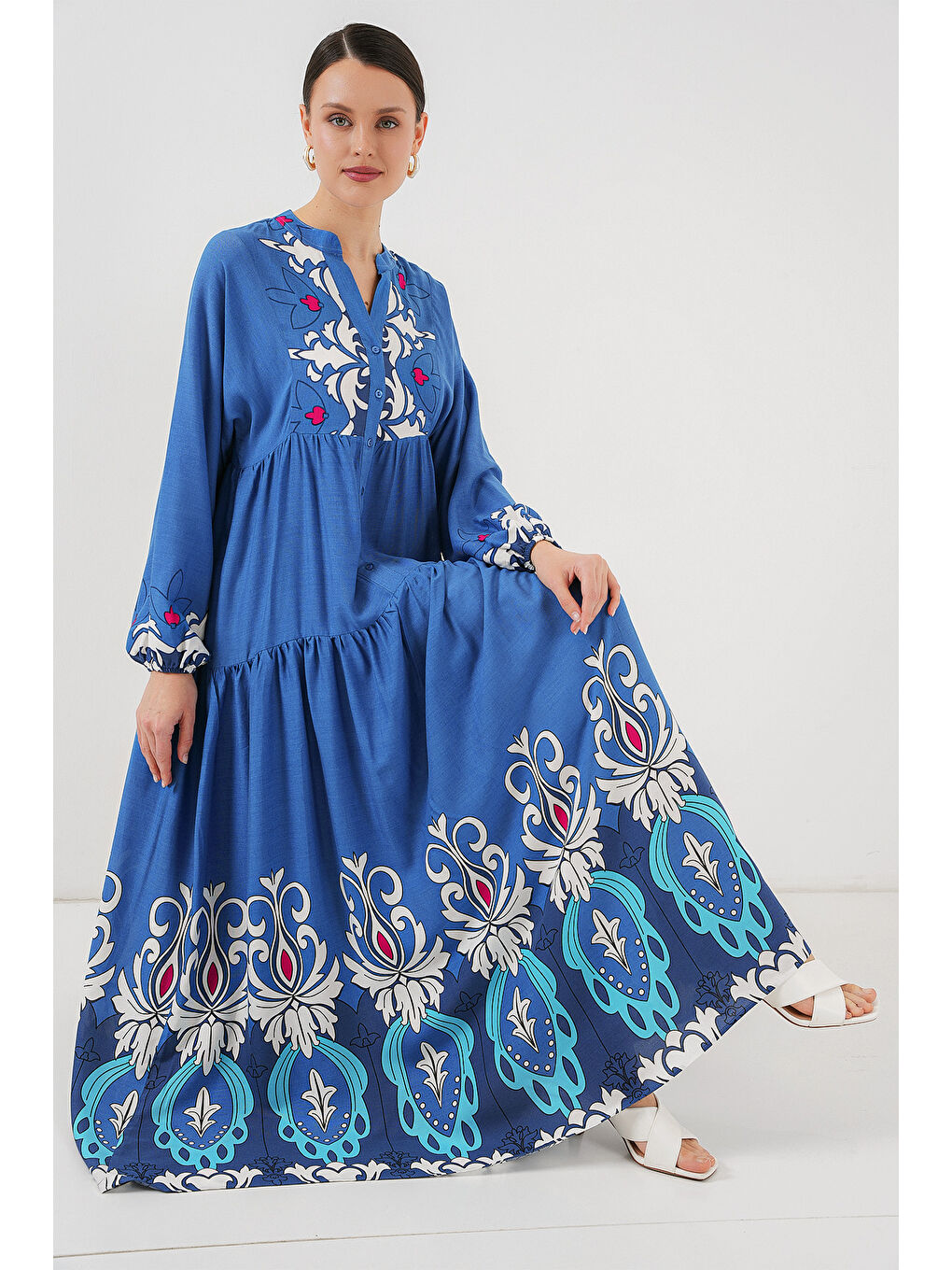 Bigdart Indigo 2423 Otantik Desenli Tesettür Elbise - F. İndigo