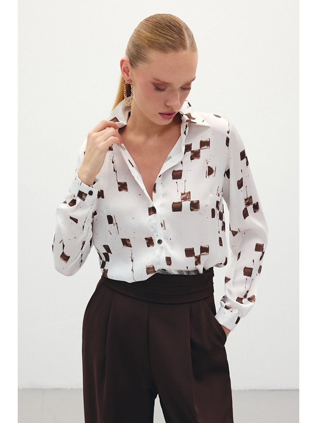 Kahverengi Desenli Klasik Gömlek - Kahve-3