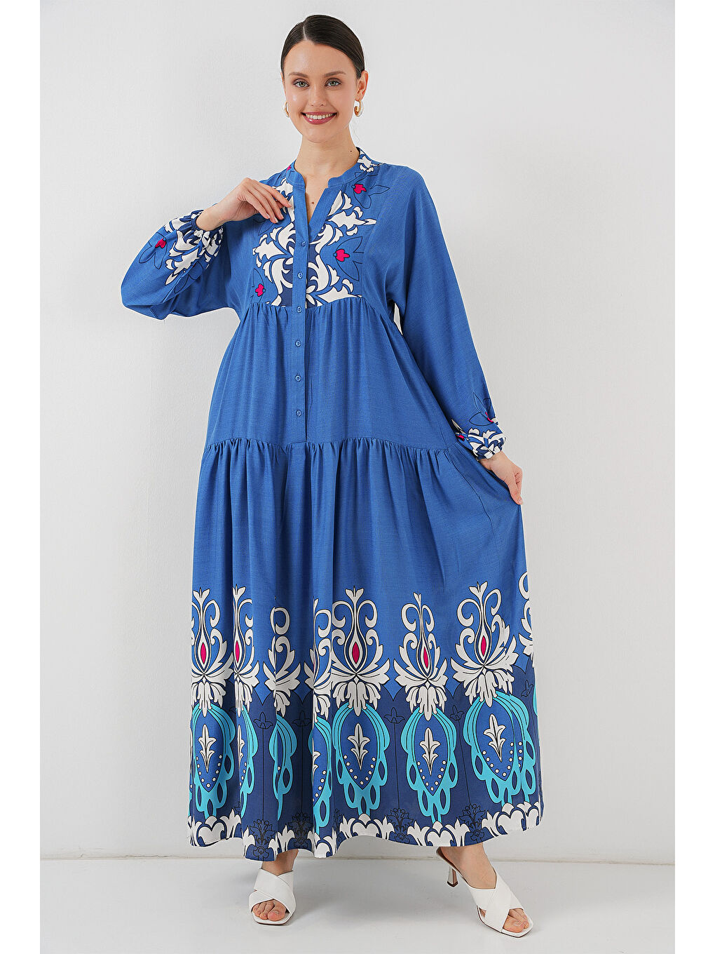 Bigdart Indigo 2423 Otantik Desenli Tesettür Elbise - F. İndigo - 1