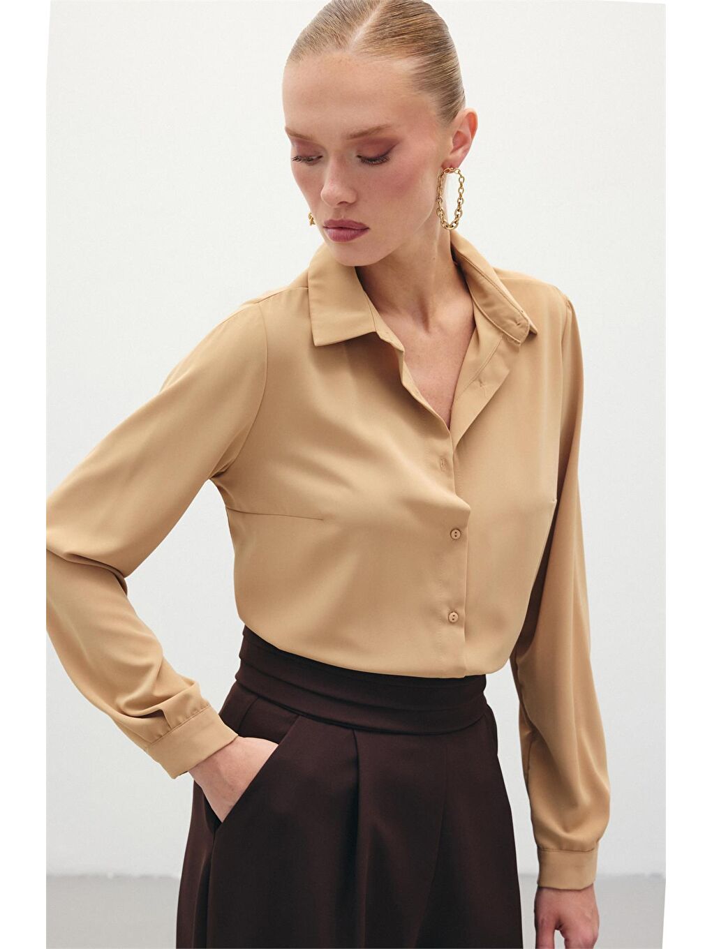 Kahverengi Düz Klasik Gömlek - Camel