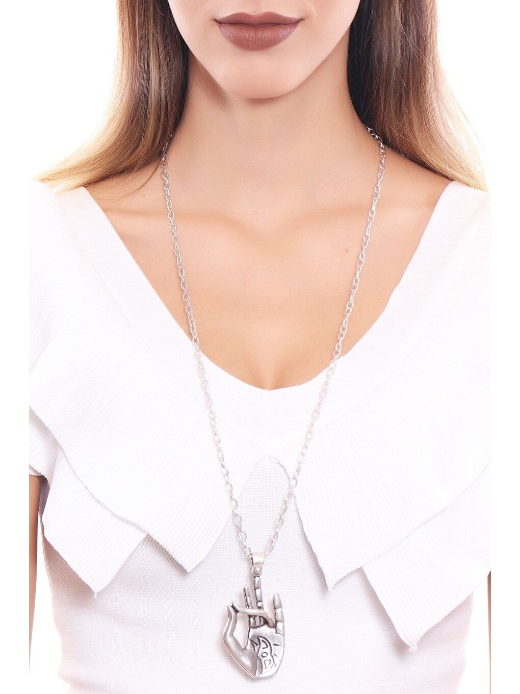 Gri Kadın Antik Gümüş Kaplama Yoga Eli Simge Uçlu Zincir Kolye-3