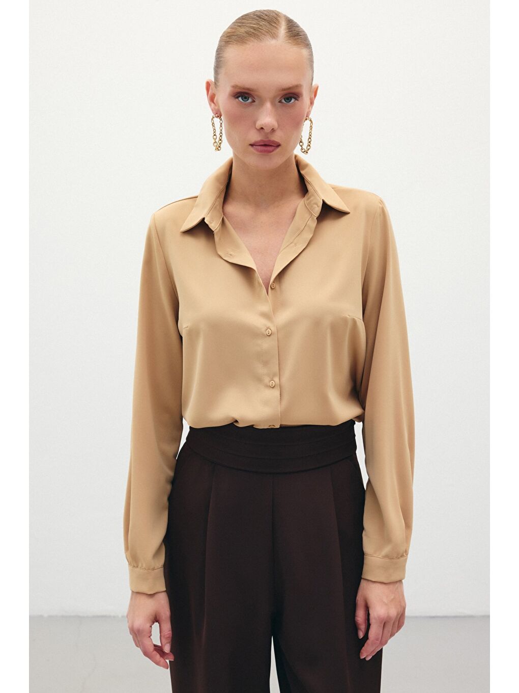 Kahverengi Düz Klasik Gömlek - Camel-1