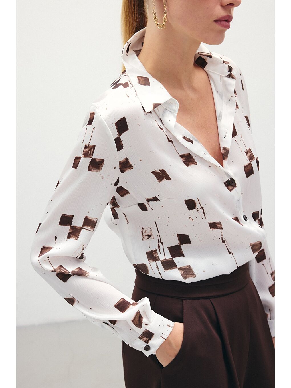 Kahverengi Desenli Klasik Gömlek - Kahve-4