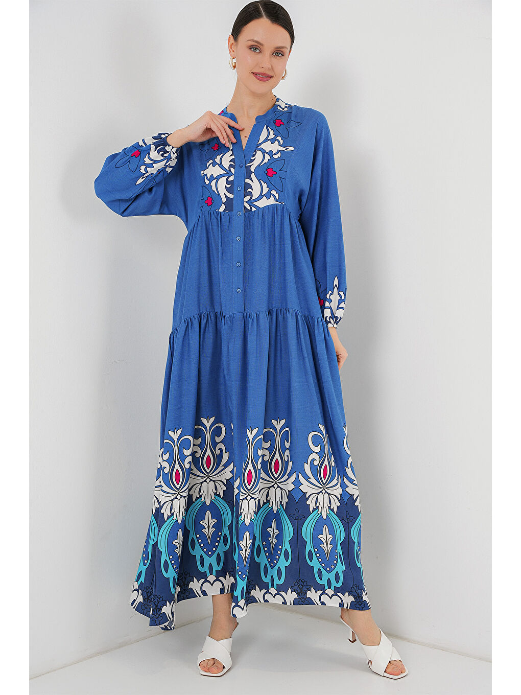 Bigdart Indigo 2423 Otantik Desenli Tesettür Elbise - F. İndigo - 2