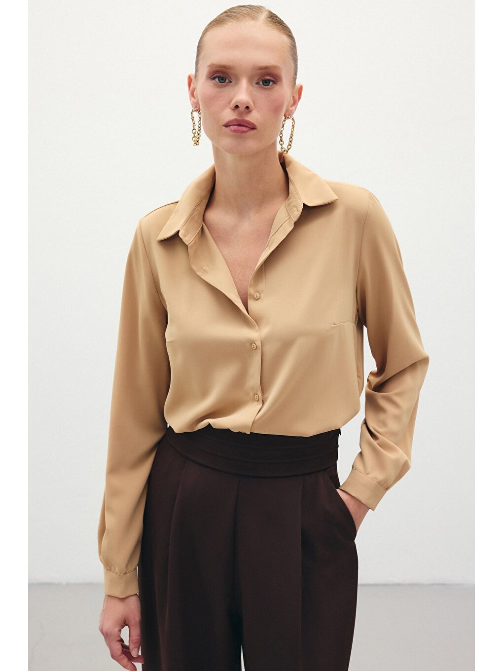 Kahverengi Düz Klasik Gömlek - Camel-2