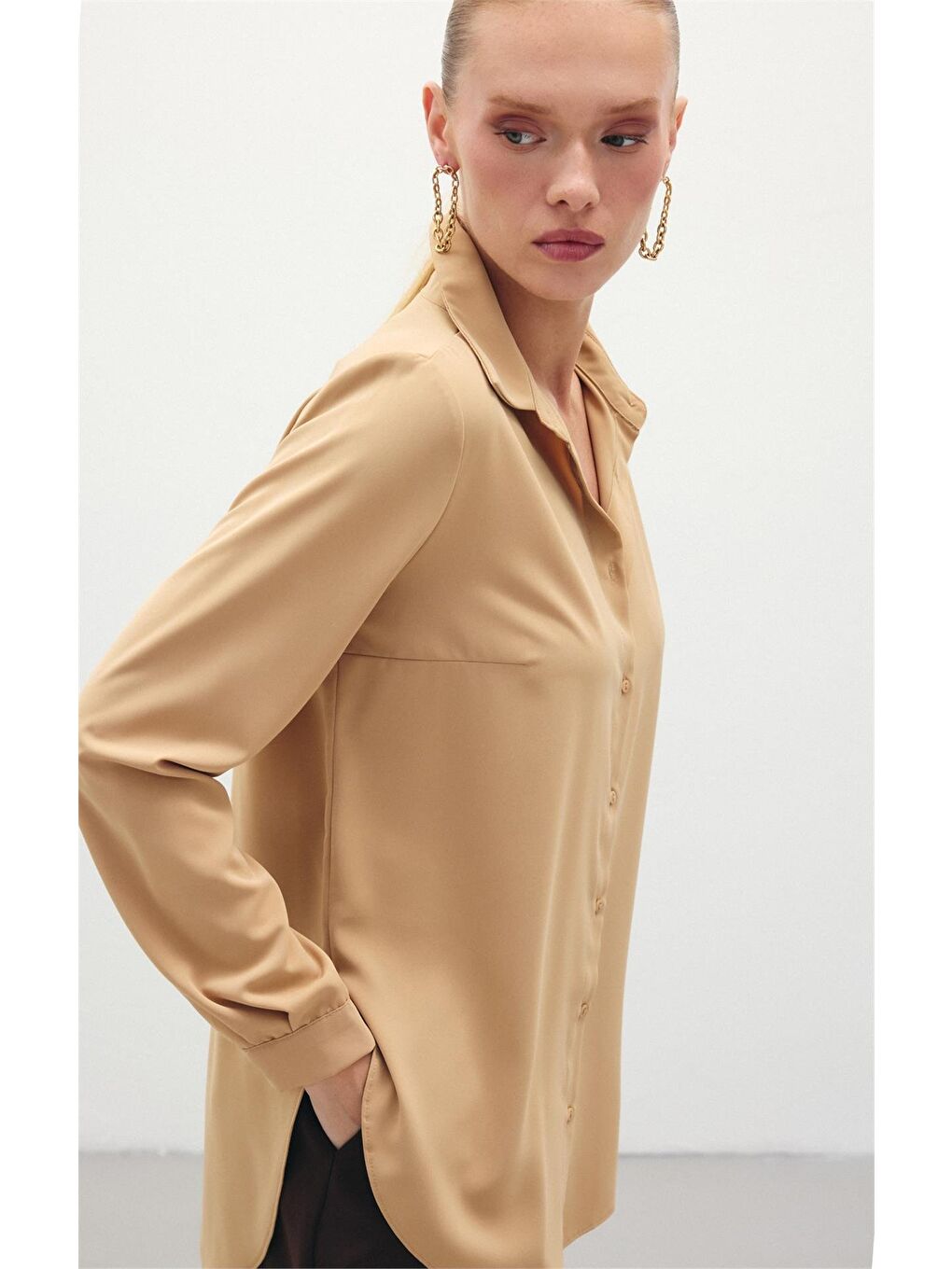 Kahverengi Düz Klasik Gömlek - Camel-3