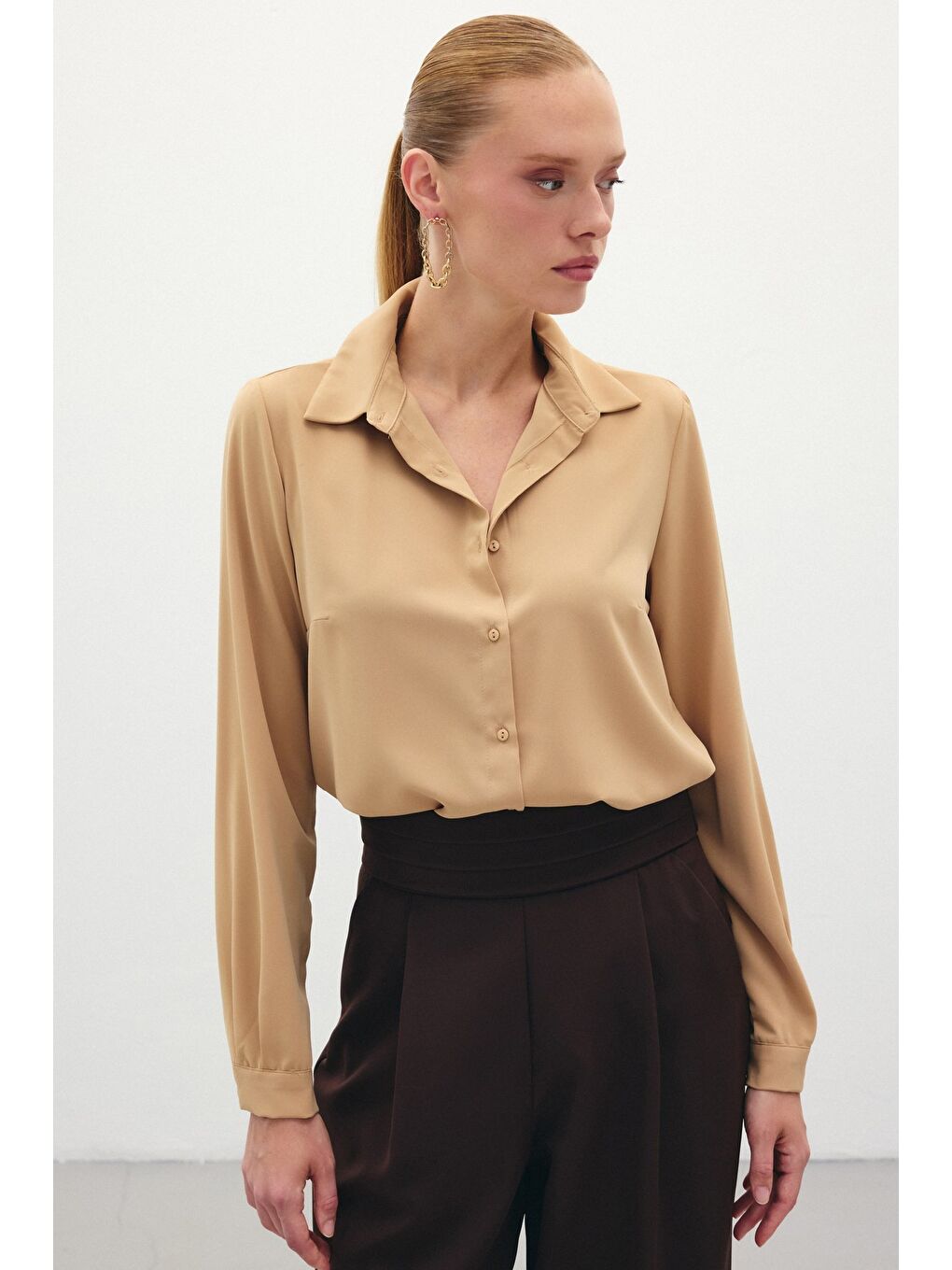 Kahverengi Düz Klasik Gömlek - Camel-4