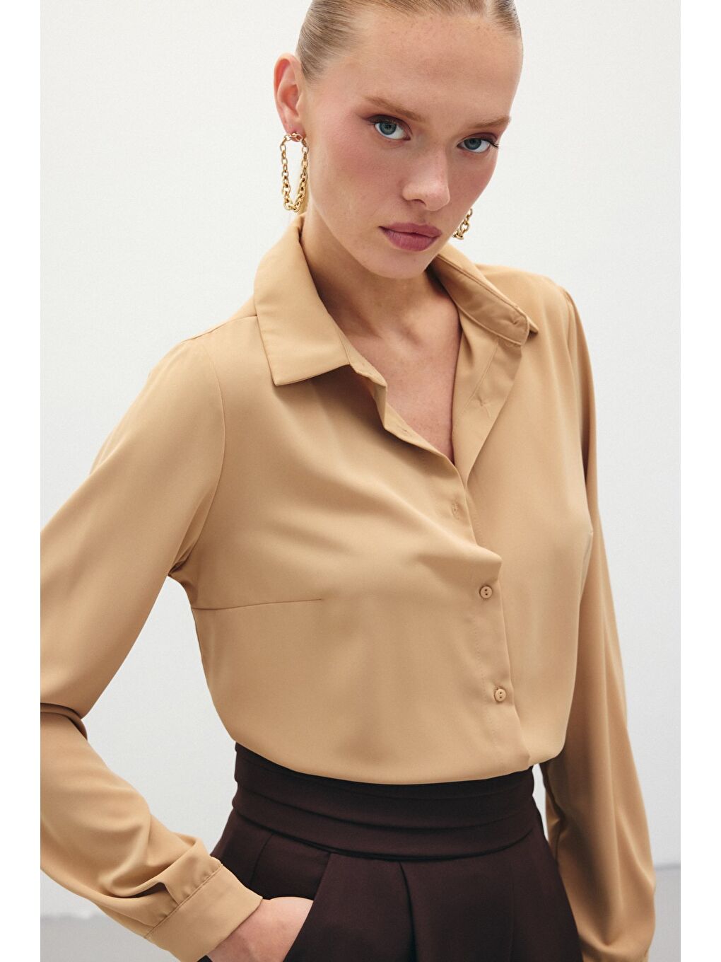 Kahverengi Düz Klasik Gömlek - Camel-5