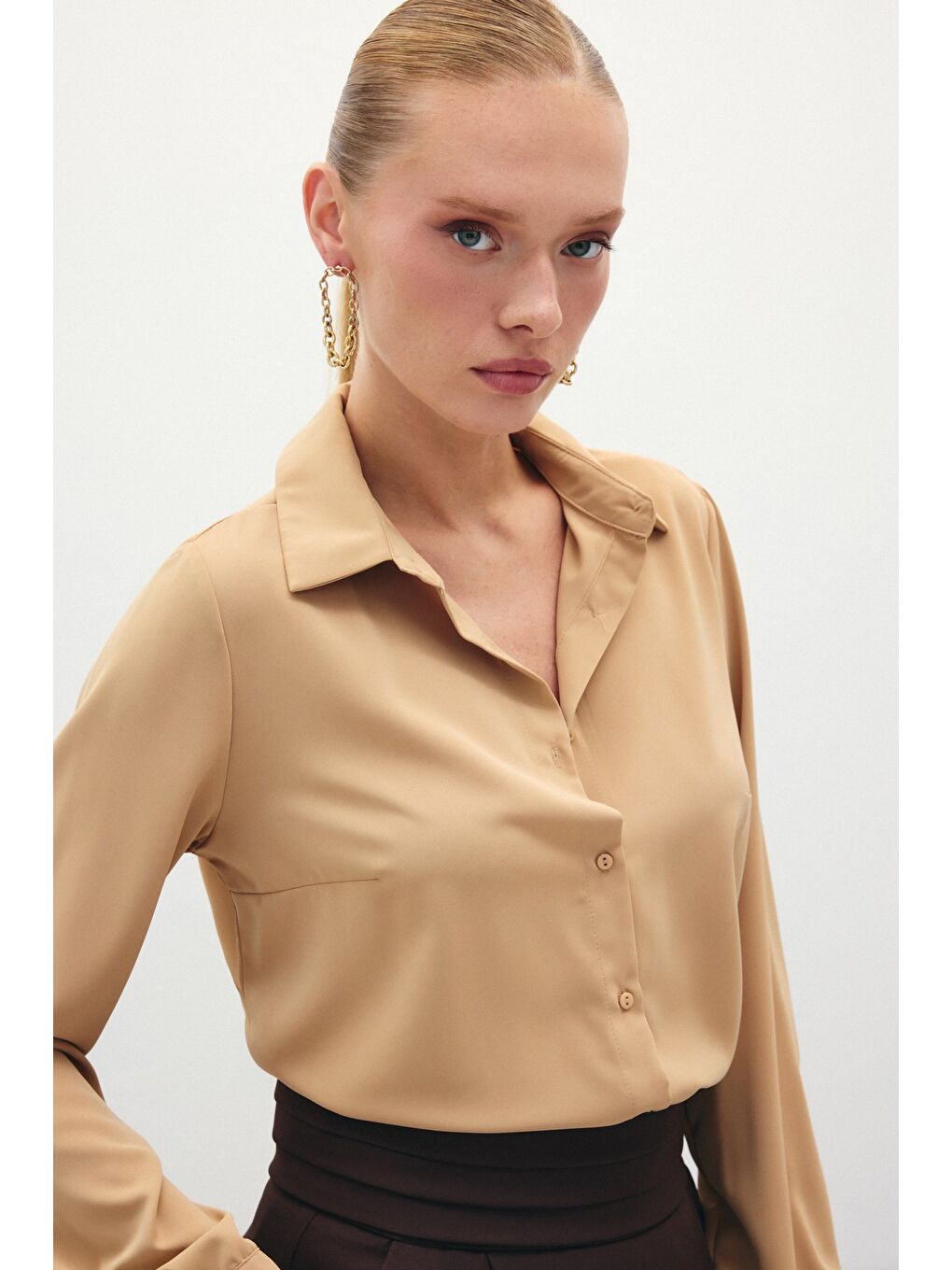 Kahverengi Düz Klasik Gömlek - Camel-6