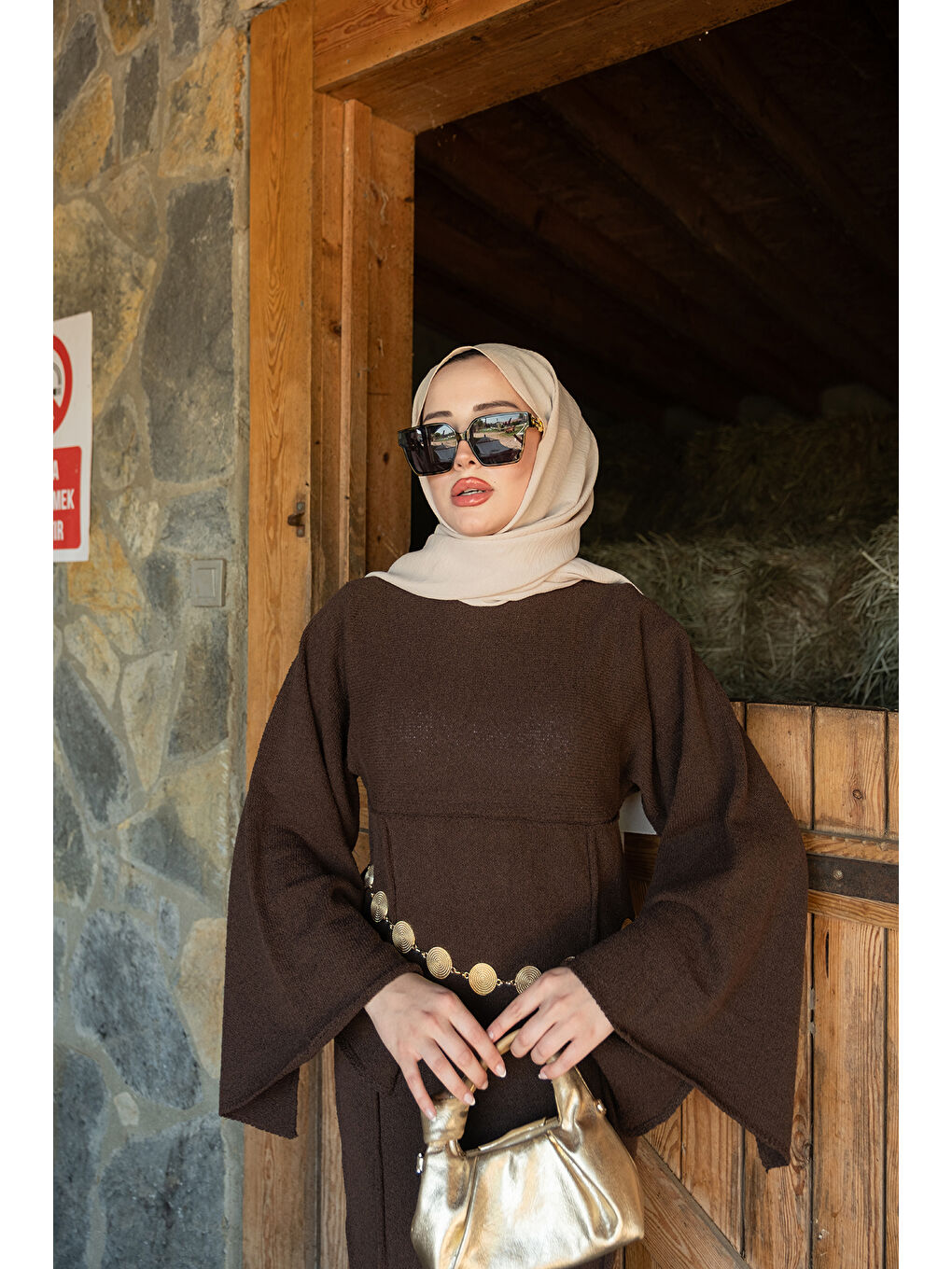 Kadın Kendinden Desenli Kraş Elbise Kahverengi-4