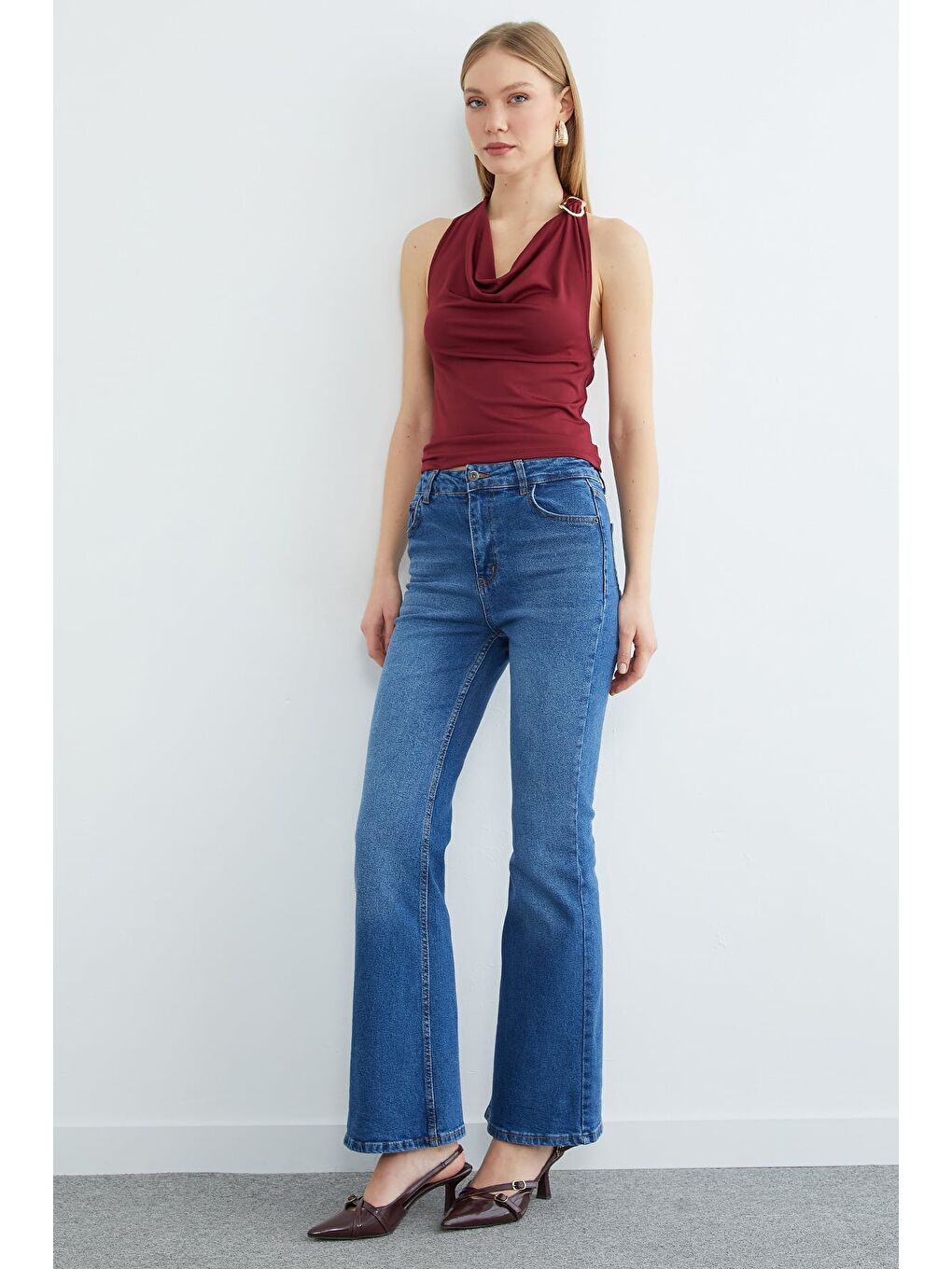 Mavi Yüksek Bel Fermuarlı Flare Jean