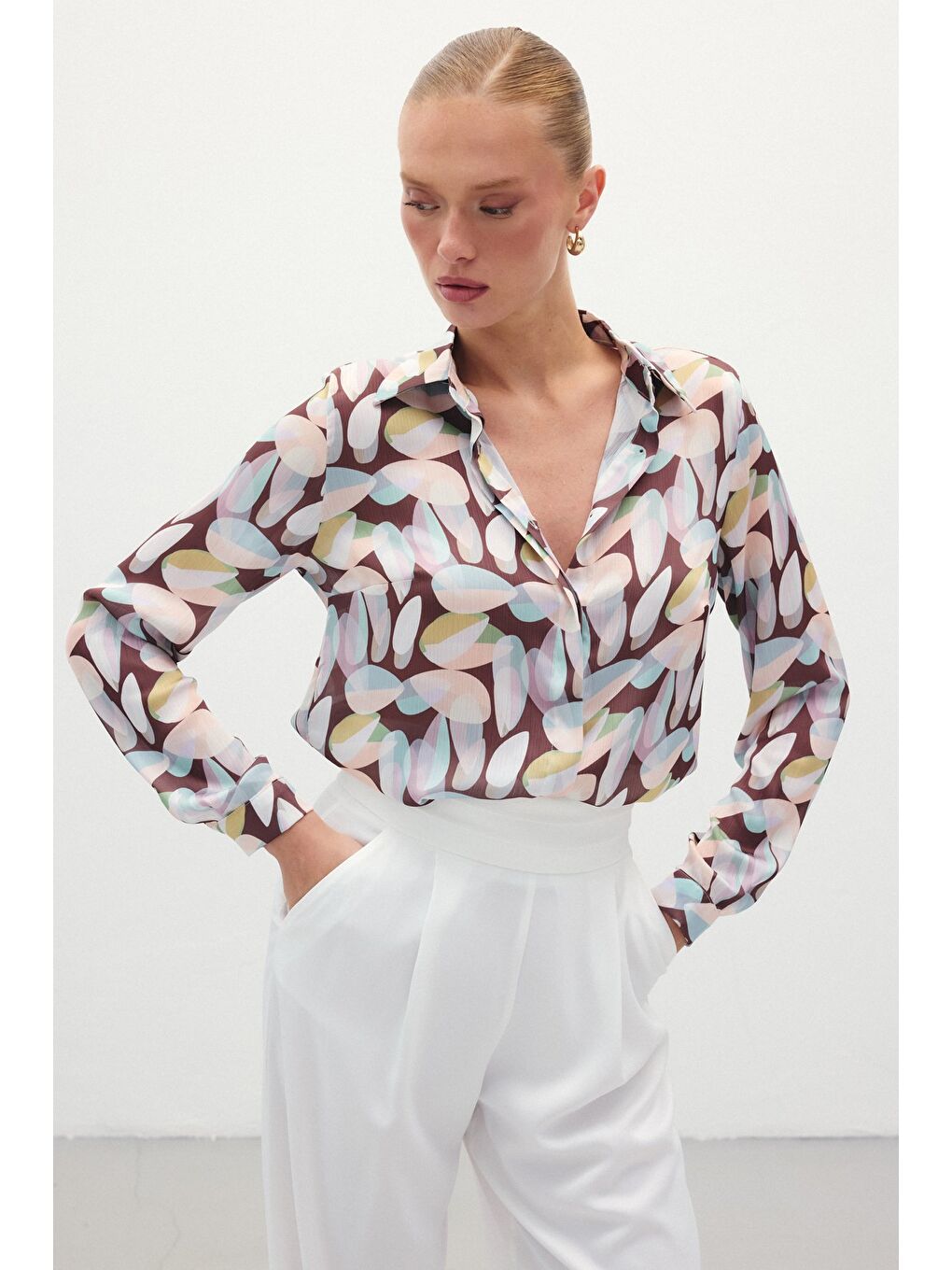 Kahverengi Desenli Uzun Gömlek - Kahve-2