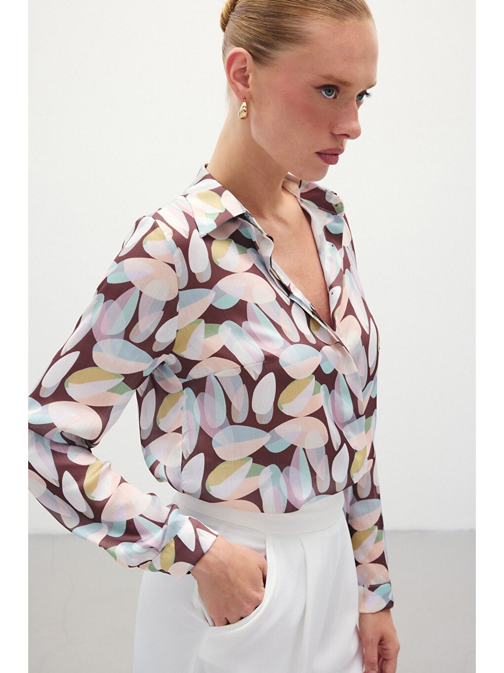 Kahverengi Desenli Uzun Gömlek - Kahve-3