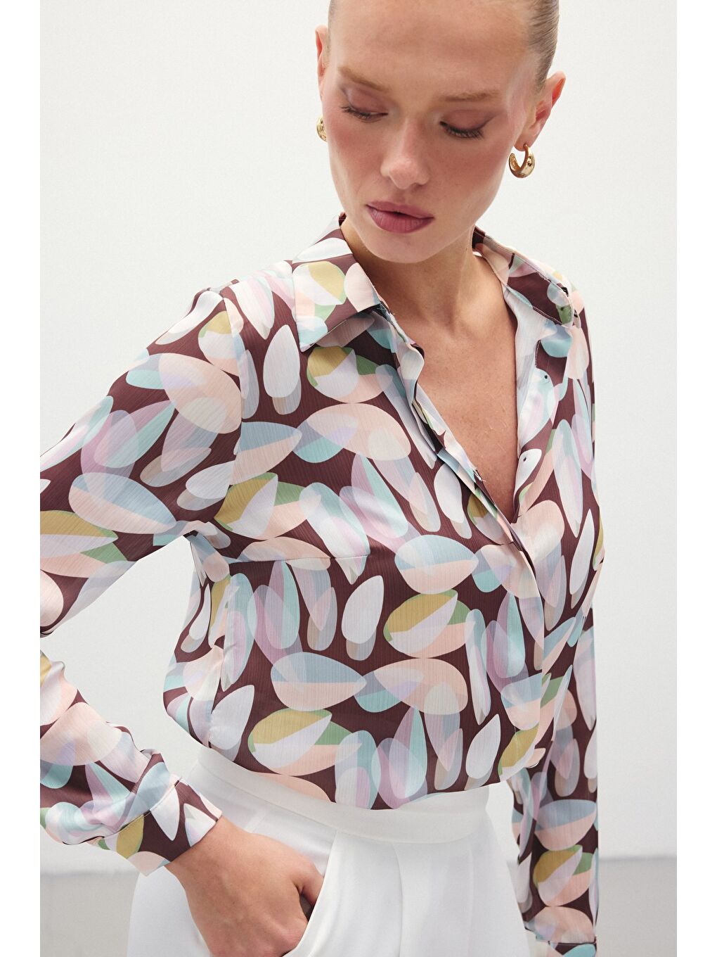 Kahverengi Desenli Uzun Gömlek - Kahve-4