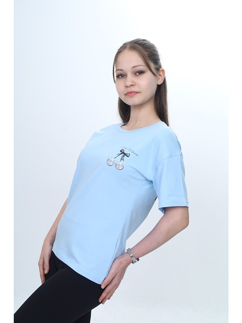 Lila Kız Çocuk Bisiklet Yaka Düşük Omuz Kısa Kollu Baskılı Tişört  24973-1